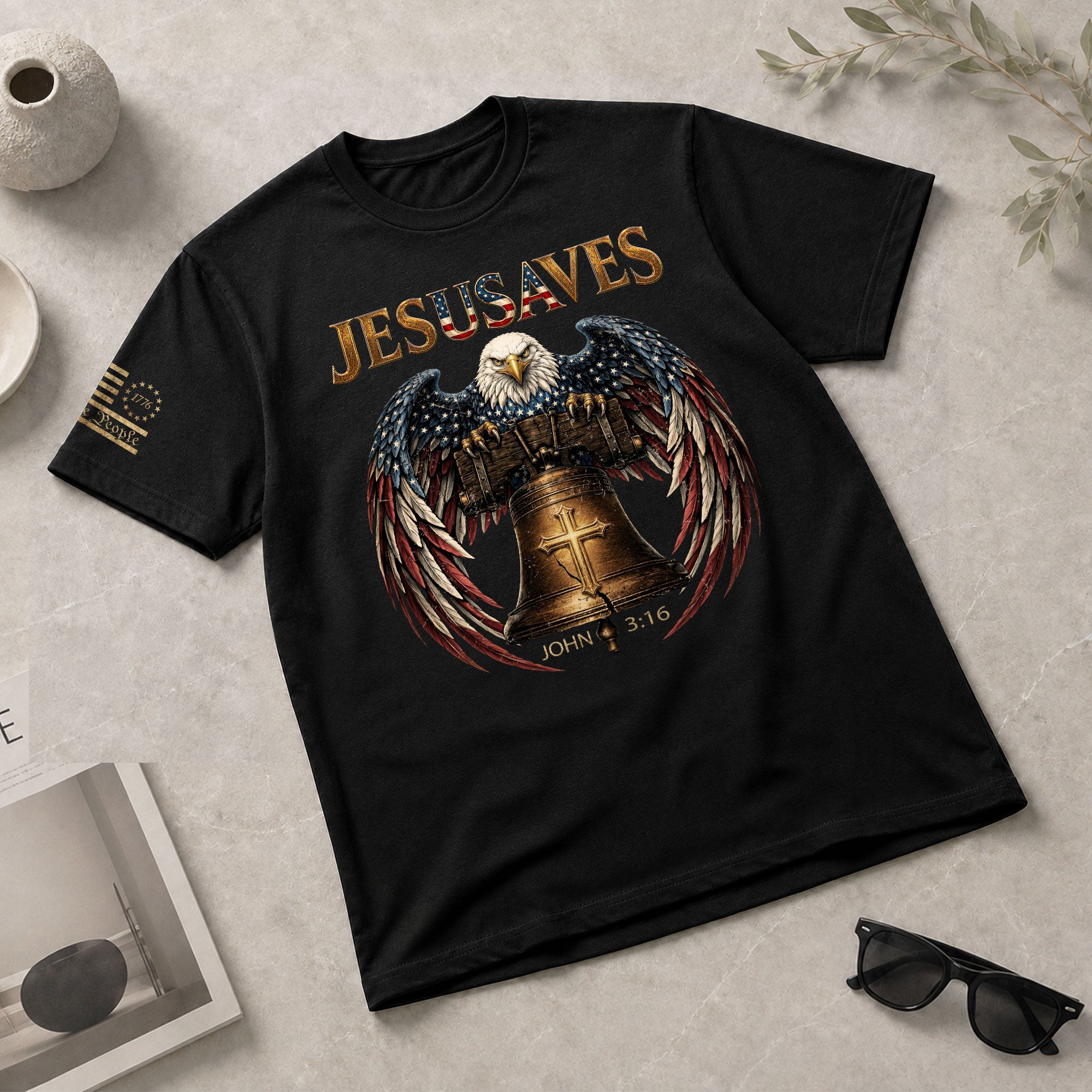 Patriotic JESUSAVES T-Shirt American Eagle Bell Print Stylish Casual Graphic Tee - Rust Field Wear