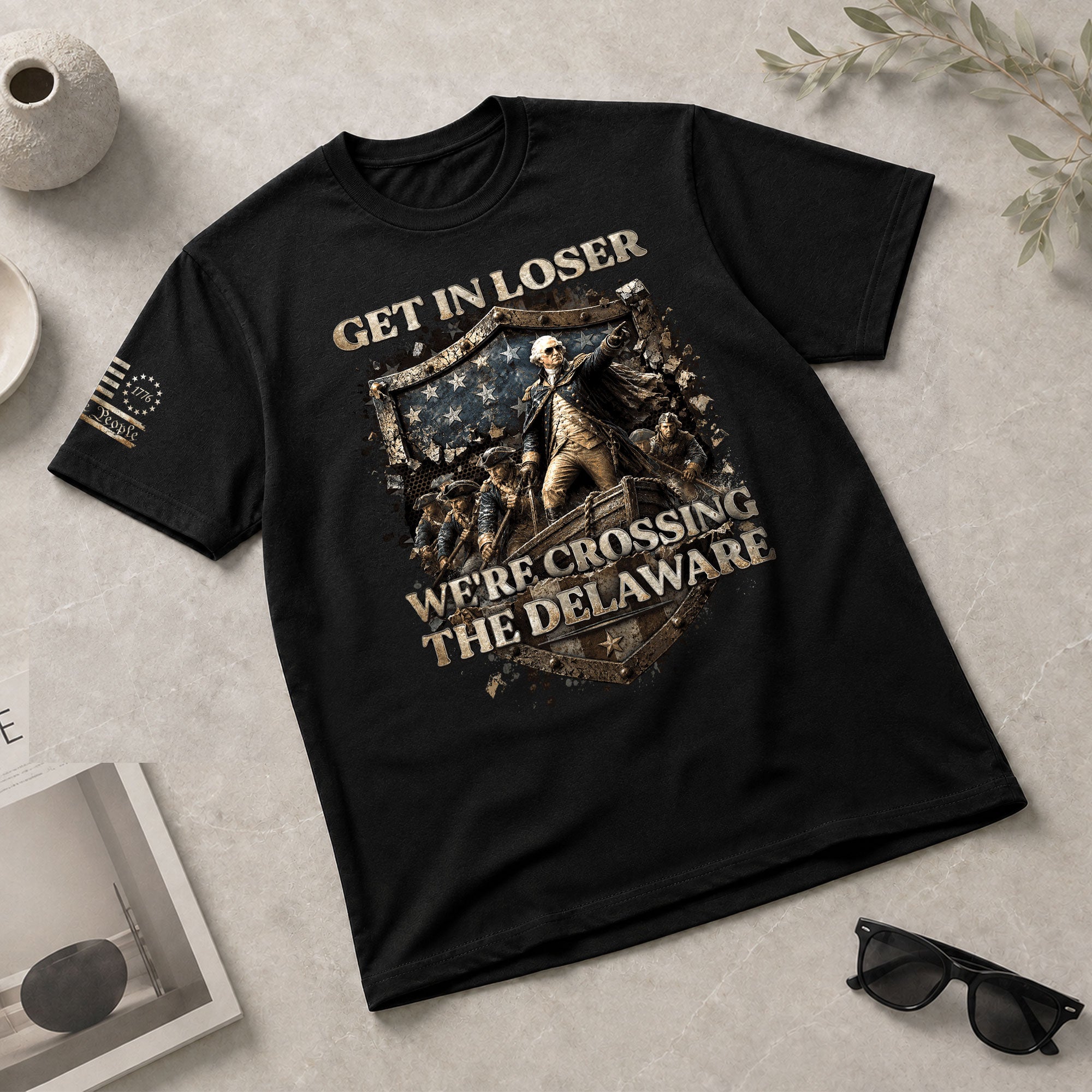 Get In Loser We're Crossing The Delaware T-Shirt George Washington Patriotic Sleeve Tee - Rust Field Wear