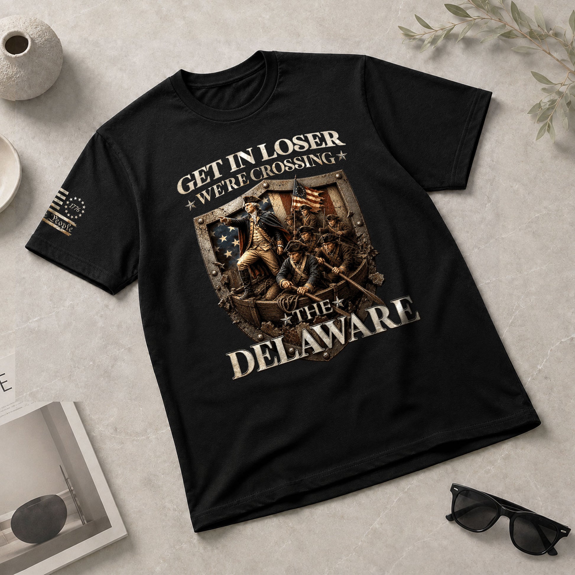Get In Loser We're Crossing The Delaware George Washington Shield Patriotic T-Shirt - Rust Field Wear