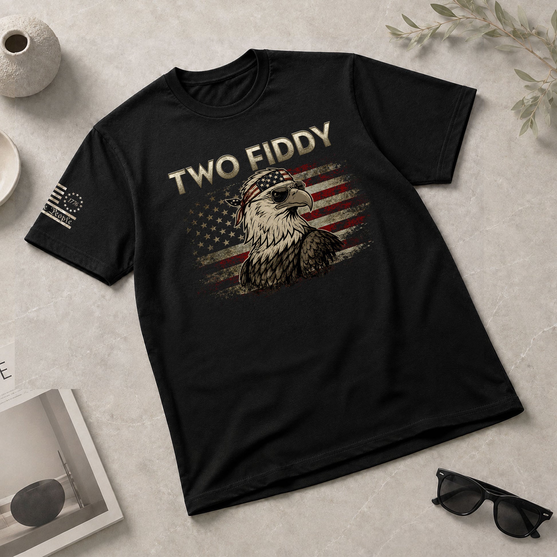 Two Fiddy Eagle Graphic Tee - Patriotic American Flag Bandana Style Men's Cotton Shirt - Rust Field Wear