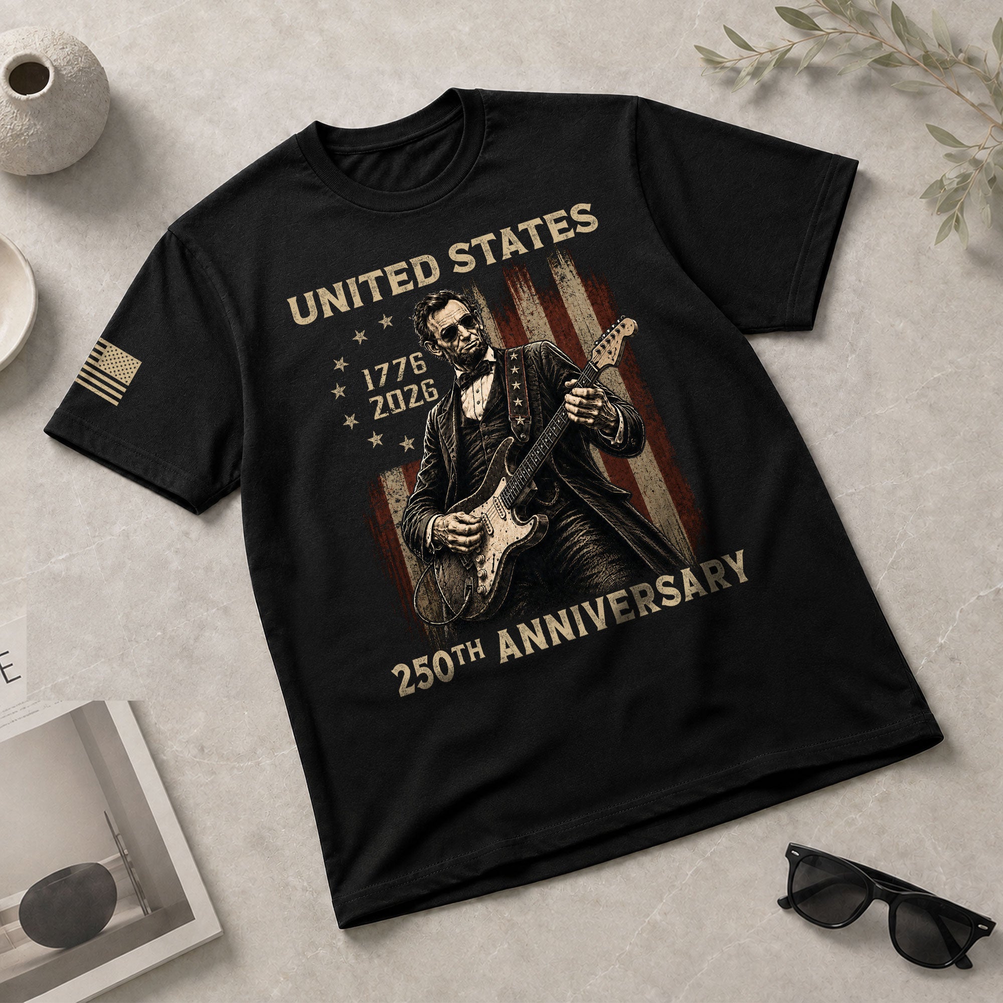 Lincoln Rock Guitar Shirt 1776 2026 Vintage American Flag Patriotic Graphic Tee Men - Rust Field Wear