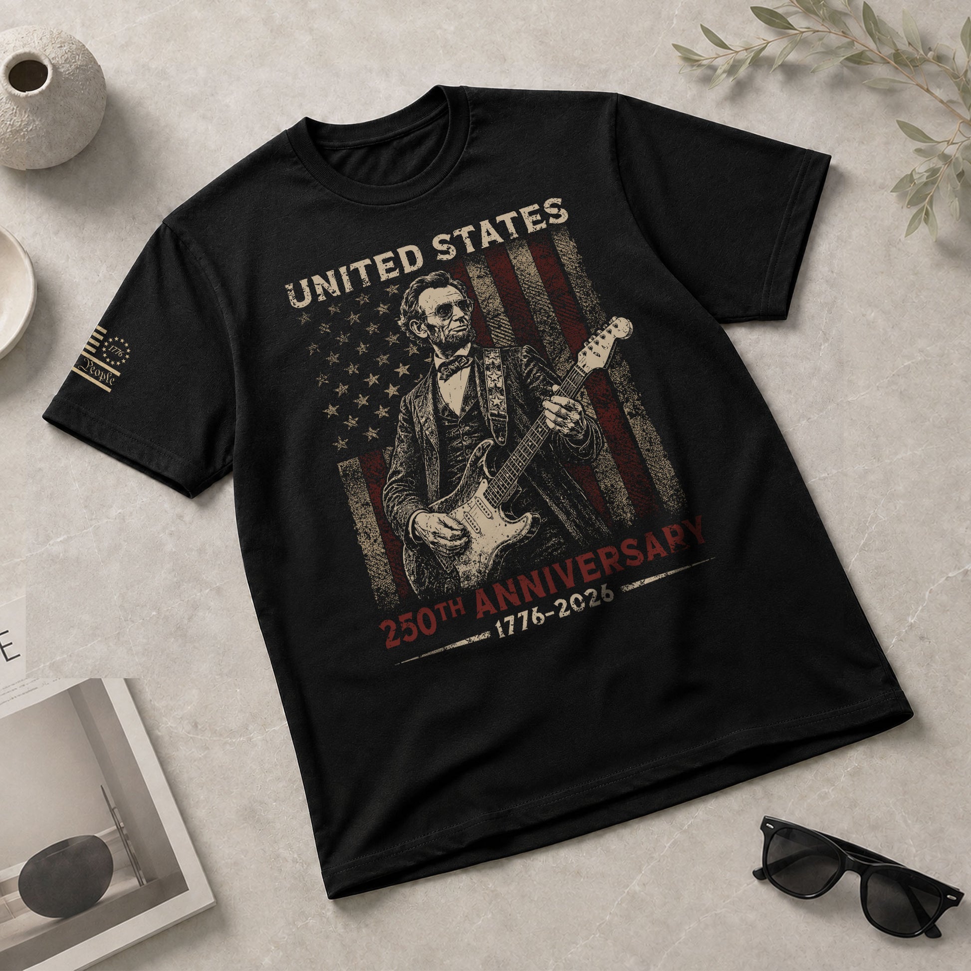 Lincoln Rock Guitar Shirt 1776 2026 Vintage US Flag Patriotic We The People Graphic Tee - Rust Field Wear