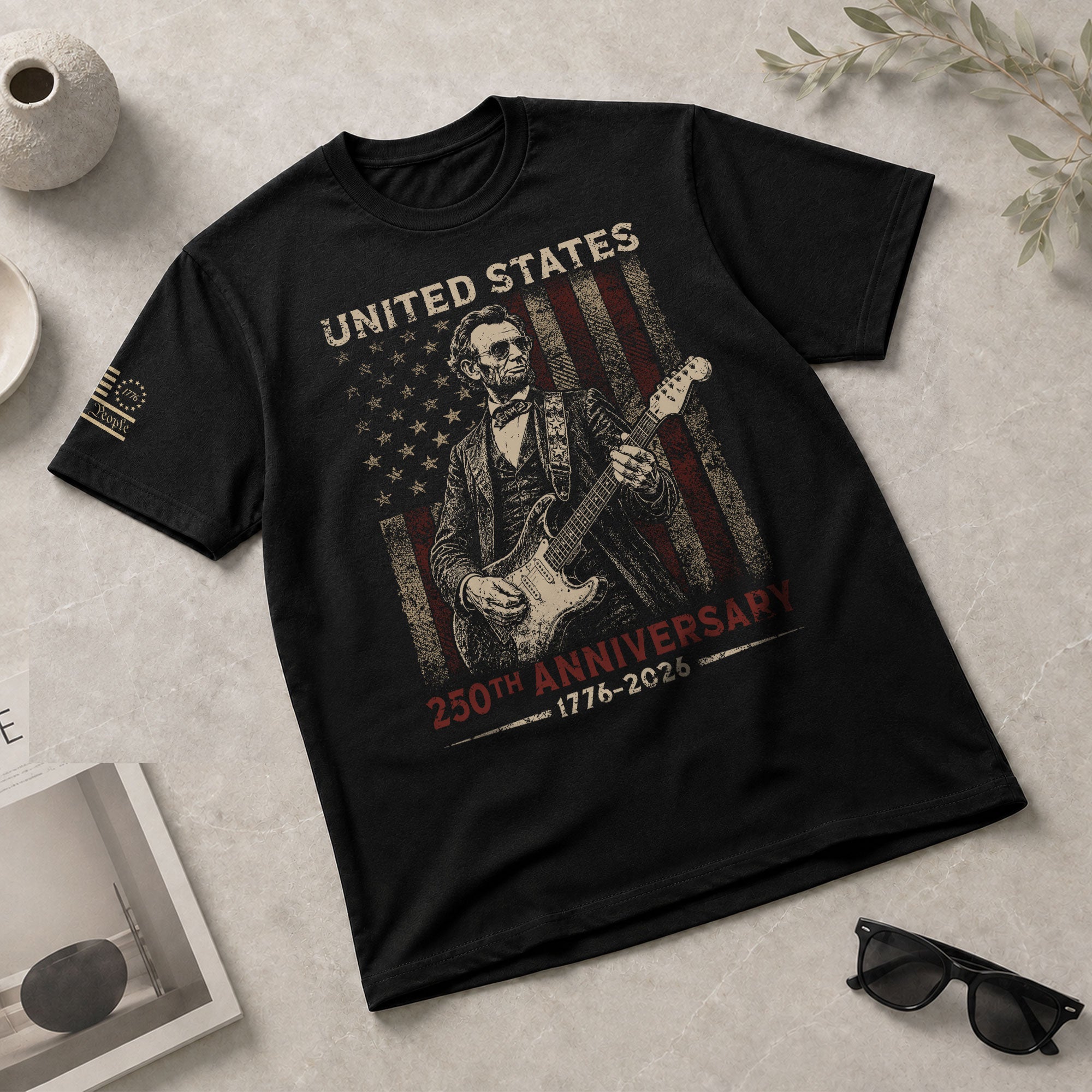 Lincoln Rock Guitar Shirt 1776 2026 Vintage US Flag Patriotic We The People Graphic Tee - Rust Field Wear