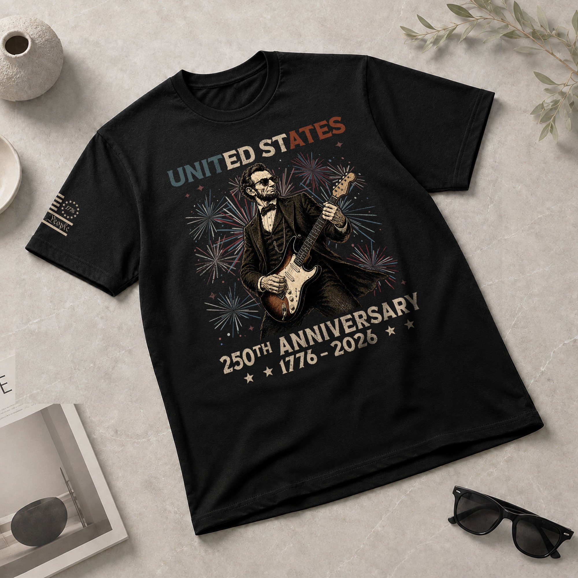 Lincoln Rock Guitar Shirt 1776 2026 Patriotic Fireworks We The People Graphic Tee - Rust Field Wear