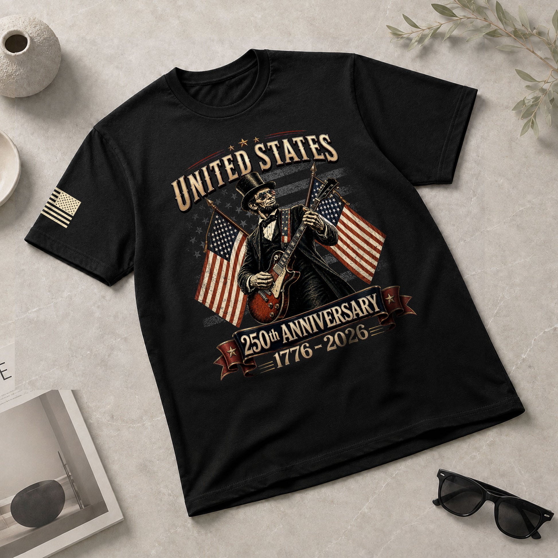 Patriotic Lincoln Electric Guitar T-Shirt 1776 2026 Vintage American Flags Tee Retro - Rust Field Wear