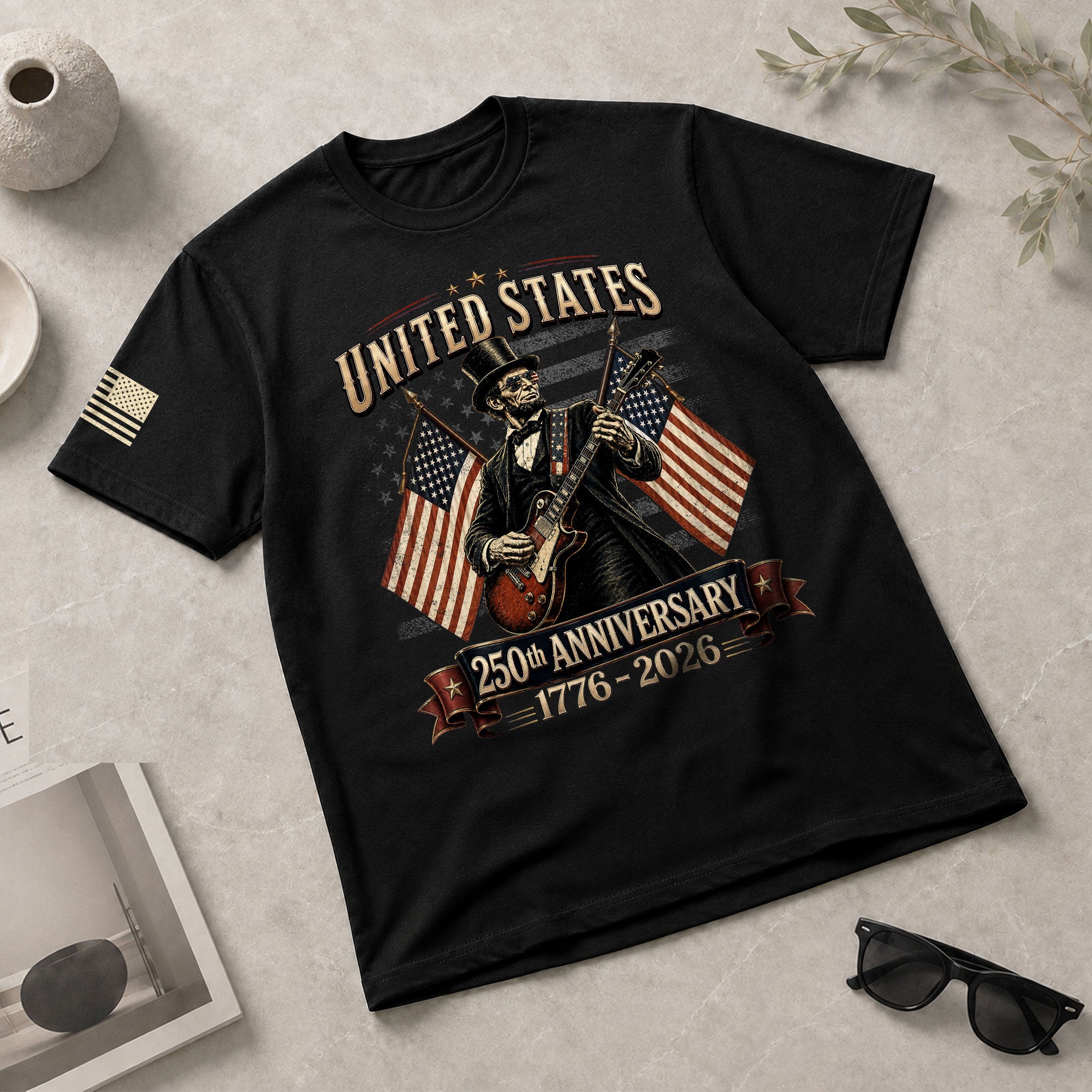 Patriotic Lincoln Electric Guitar T-Shirt 1776 2026 Vintage American Flags Tee Retro - Rust Field Wear