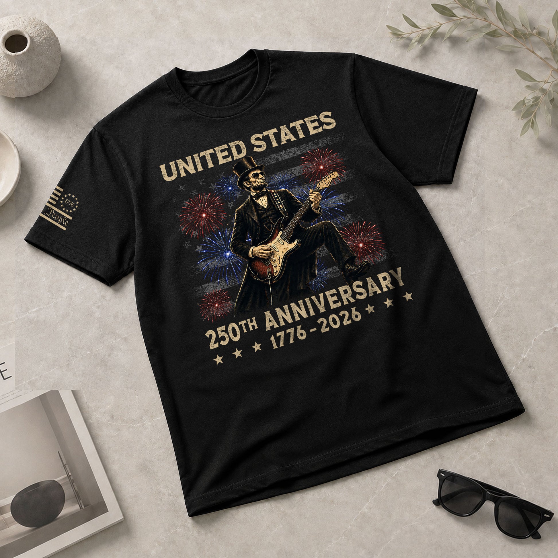 Patriotic Lincoln Electric Guitar T-Shirt 1776 2026 Vintage US Flag Tee Retro Print - Rust Field Wear