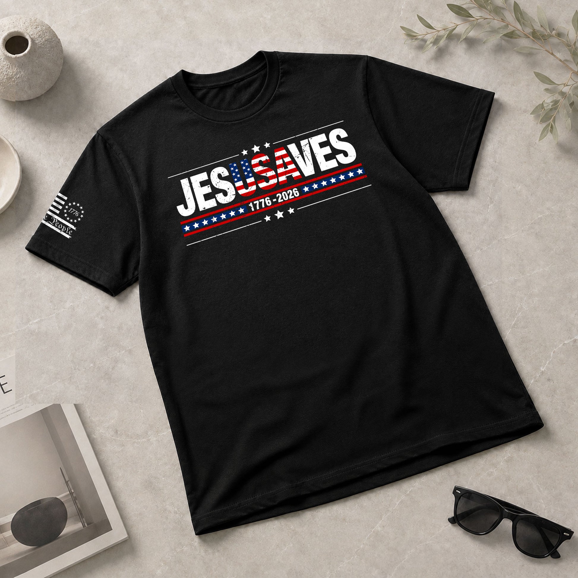JESUSAVES T-Shirt USA Flag Patriotic 1776 2026 We The People Men Cotton Tee Shirt - Rust Field Wear