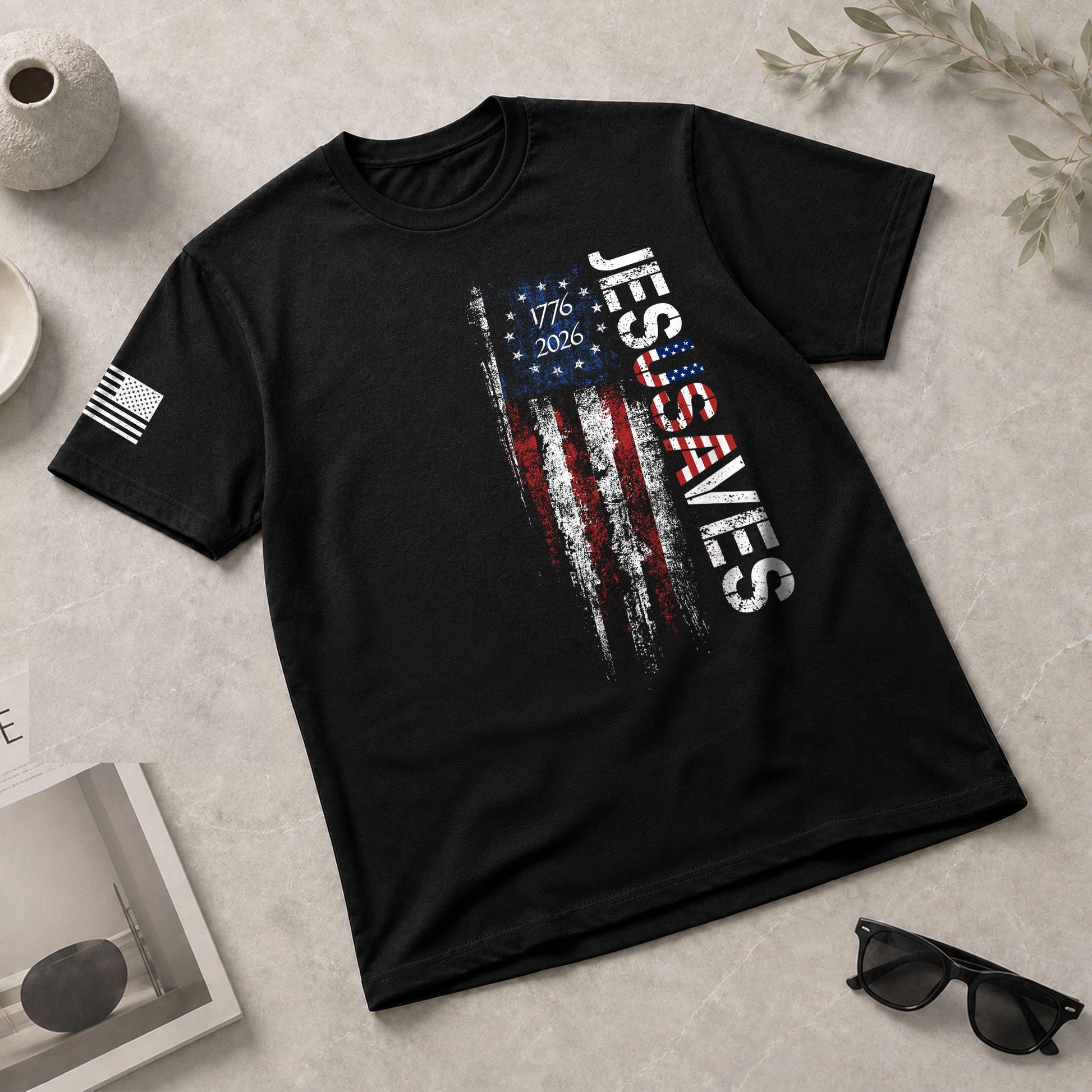 JESUSAVES T-Shirt USA Flag Patriotic 1776 2026 Betsy Ross Men Cotton Tee Shirt - Rust Field Wear