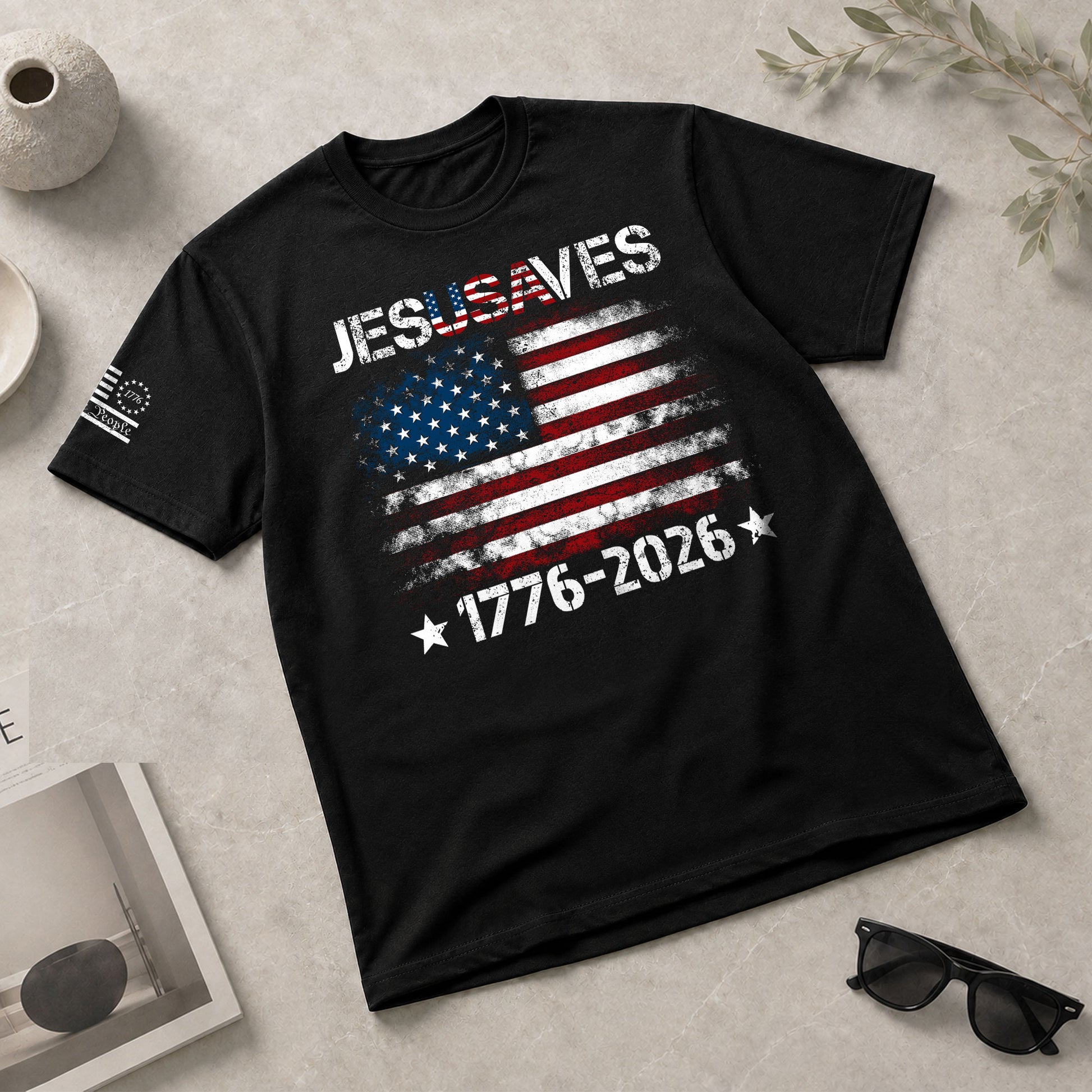 Patriotic JESUSAVES USA Flag Shirt Men 1776 2026 We The People Christian Cotton Tee - Rust Field Wear