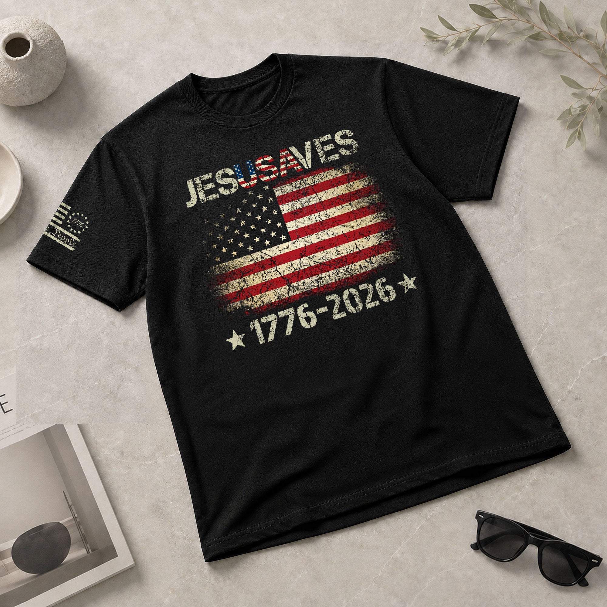Vintage JESUSAVES USA Flag Shirt 1776 2026 We The People Men Patriotic Cotton Tee - Rust Field Wear