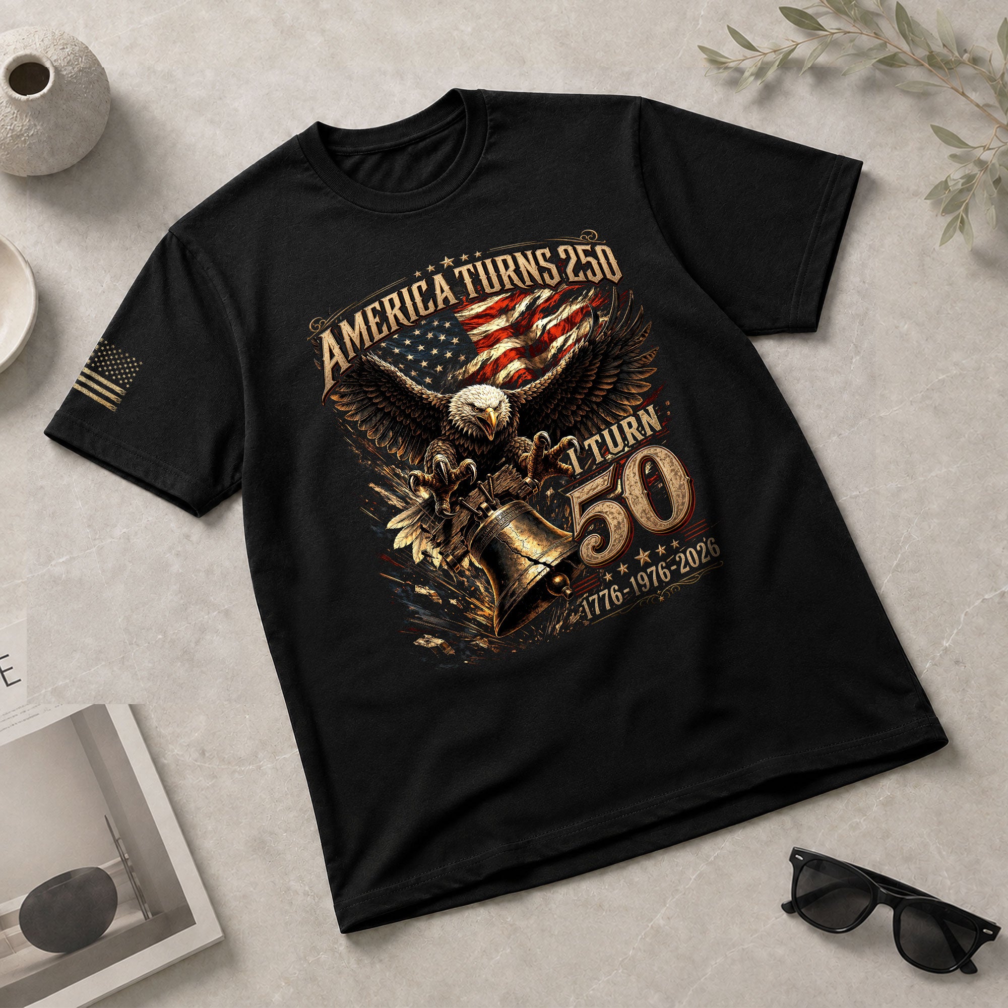 America Turns 250 I Turn 50 Eagle Bell Patriotic 50th Birthday 1976 T-Shirt Gift Tee - Rust Field Wear