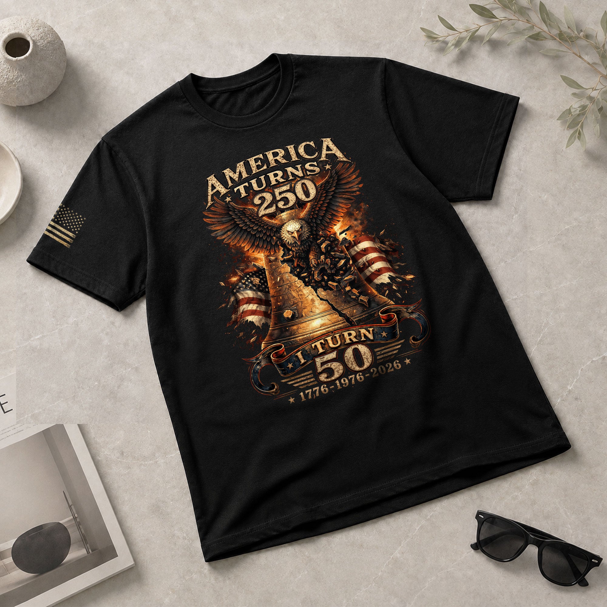 America Turns 250 I Turn 50 Eagle Liberty Bell Patriotic 50th Birthday 1976 T-Shirt - Rust Field Wear
