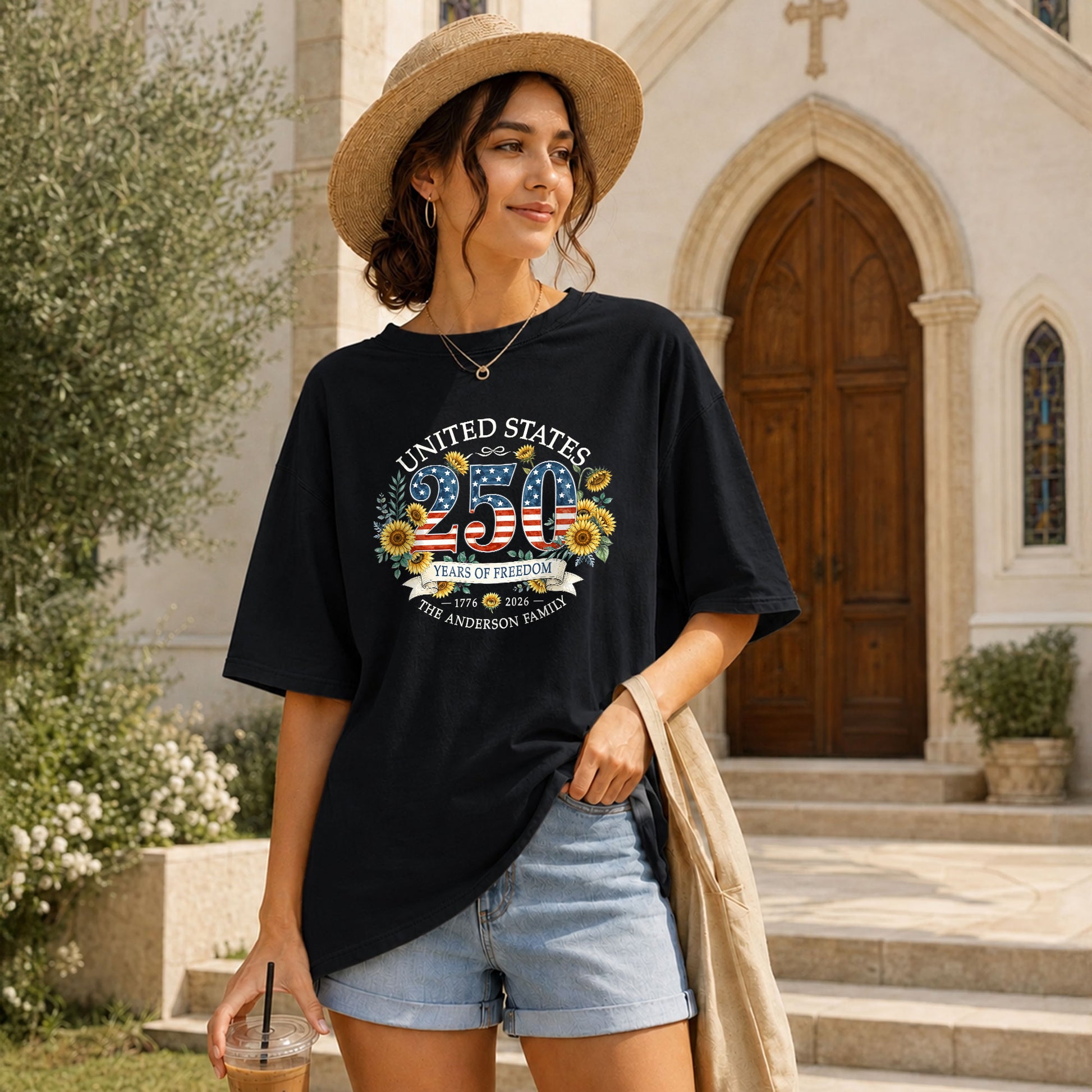 Custom Family Shirt Sunflower Navy Patriotic Flag 250th 1776 2026 4th of July Vintage Retro - Rust Field Wear