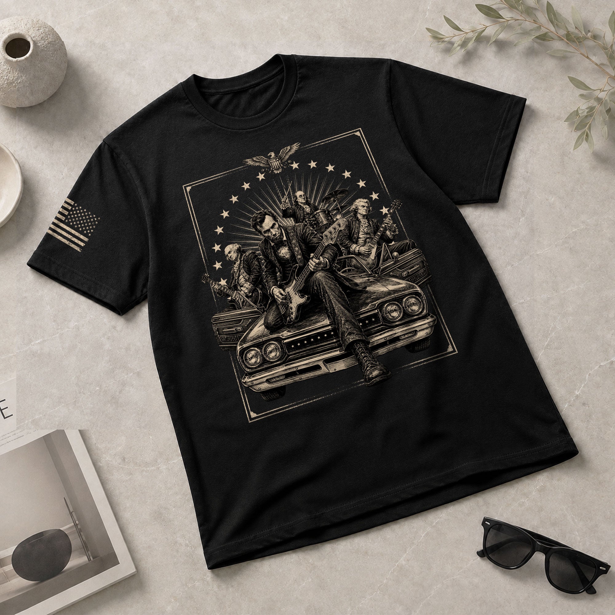 Lincoln Playing Guitar Vintage Shirt Patriotic Rock Music Graphic Sleeve Tee Gift - Rust Field Wear