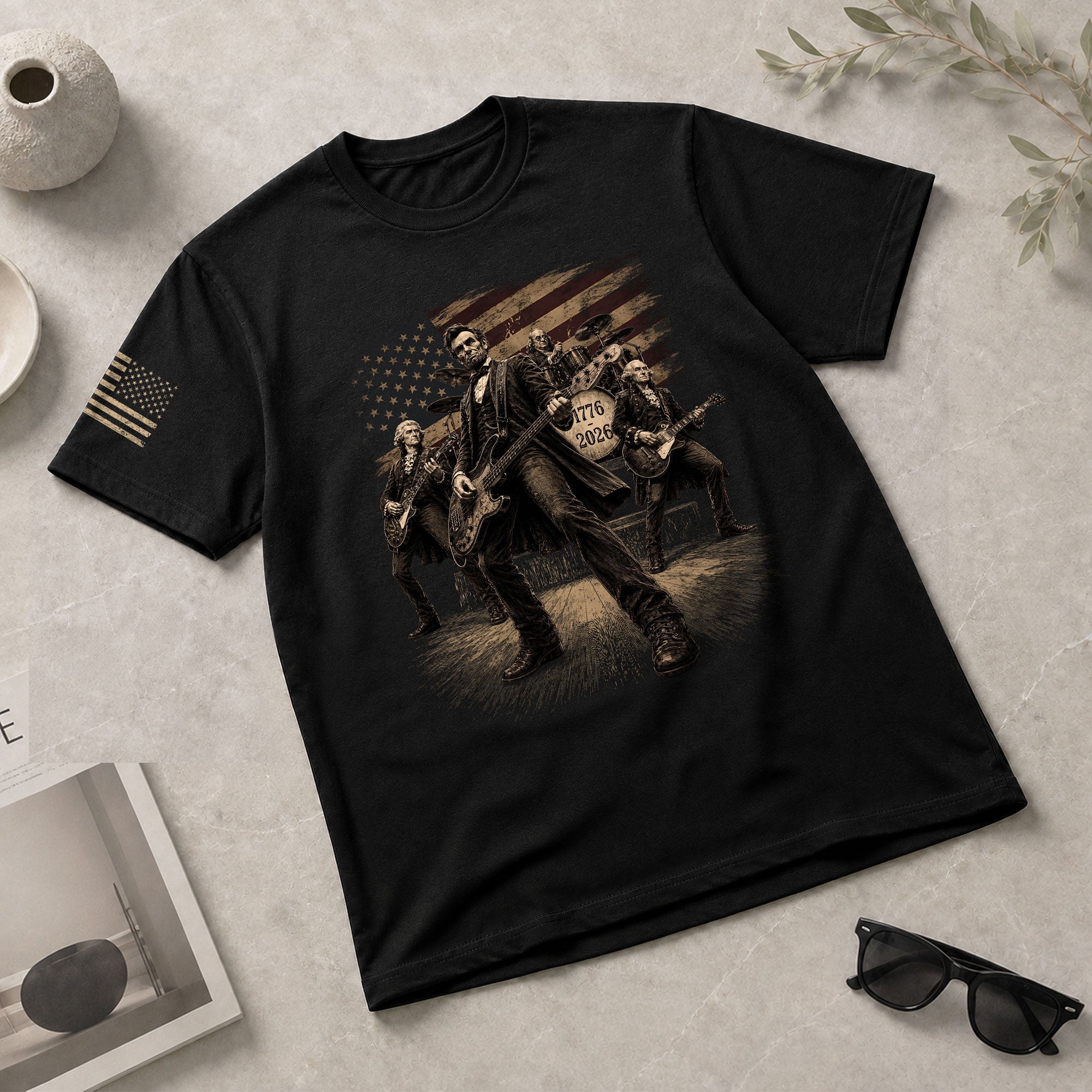 Lincoln Playing Guitar Vintage Patriotic Shirt 1776 2026 Rock Band Sleeve Tee - Rust Field Wear