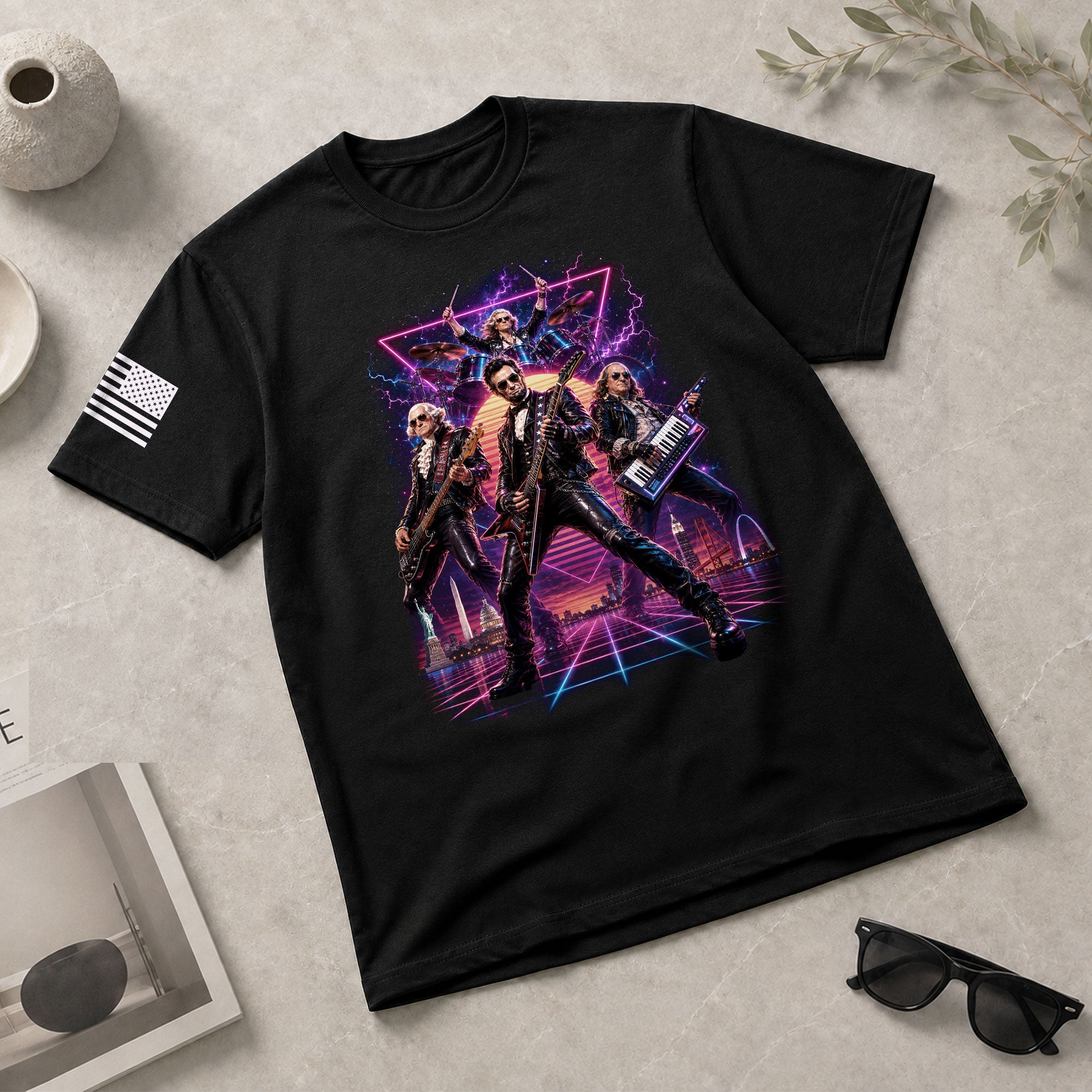 Retro Lincoln Guitar Player T-Shirt Neon Synthwave Rock Band Graphic Tee Gift - Rust Field Wear