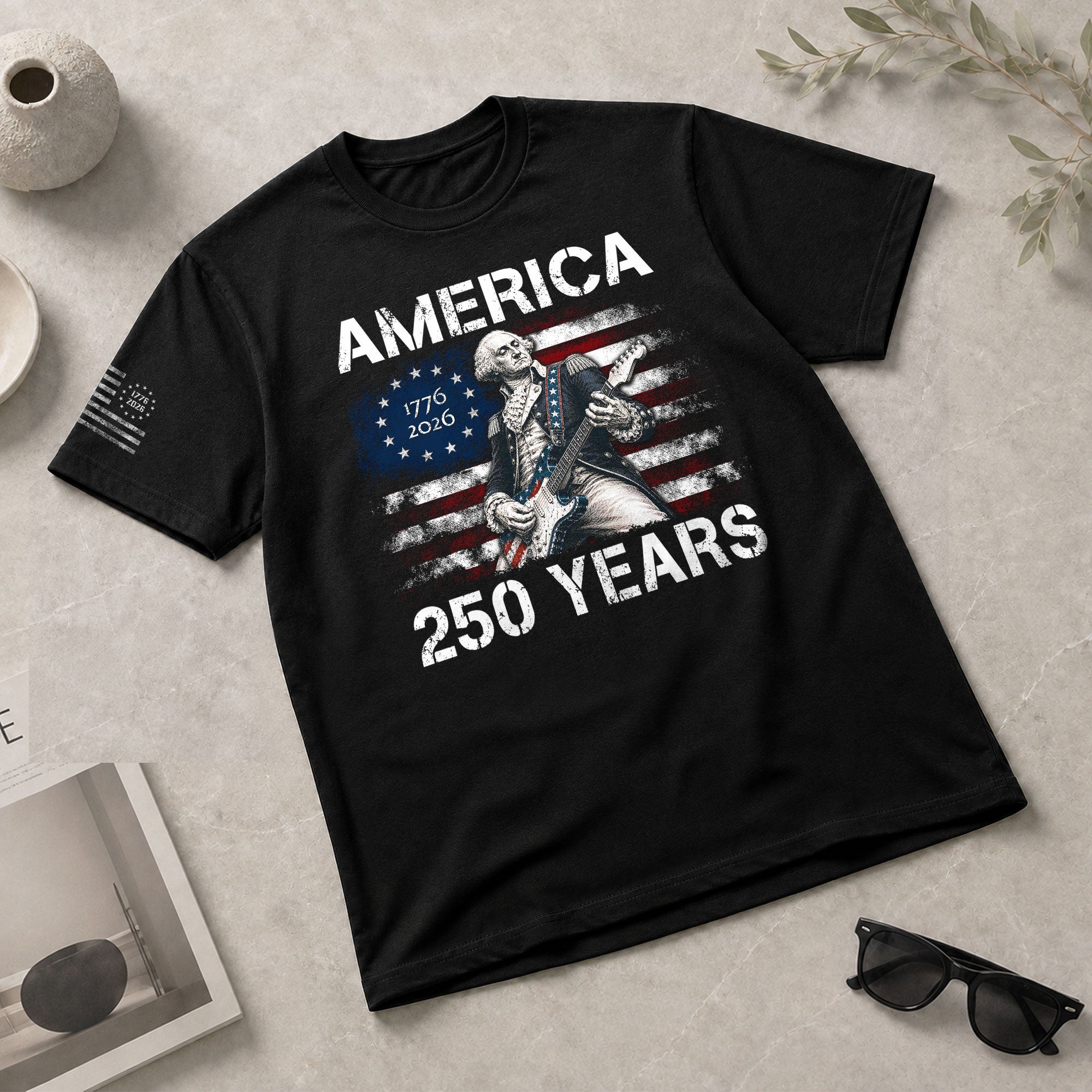 250 Years George Washington Playing Guitar Patriotic Flag Independence Shirt - Rust Field Wear