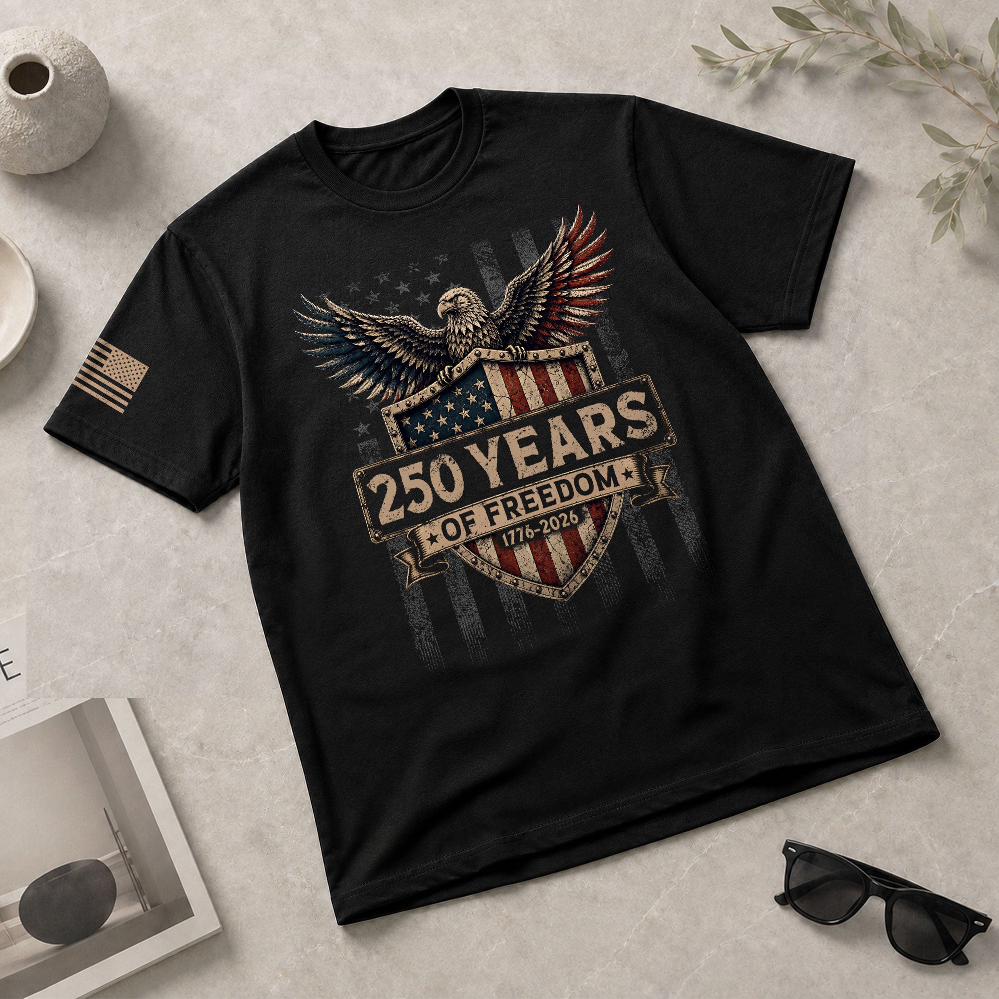 250 Years Of Freedom Graphic Tee - Patriotic Eagle Shield Vintage Style Cotton Shirt - Rust Field Wear