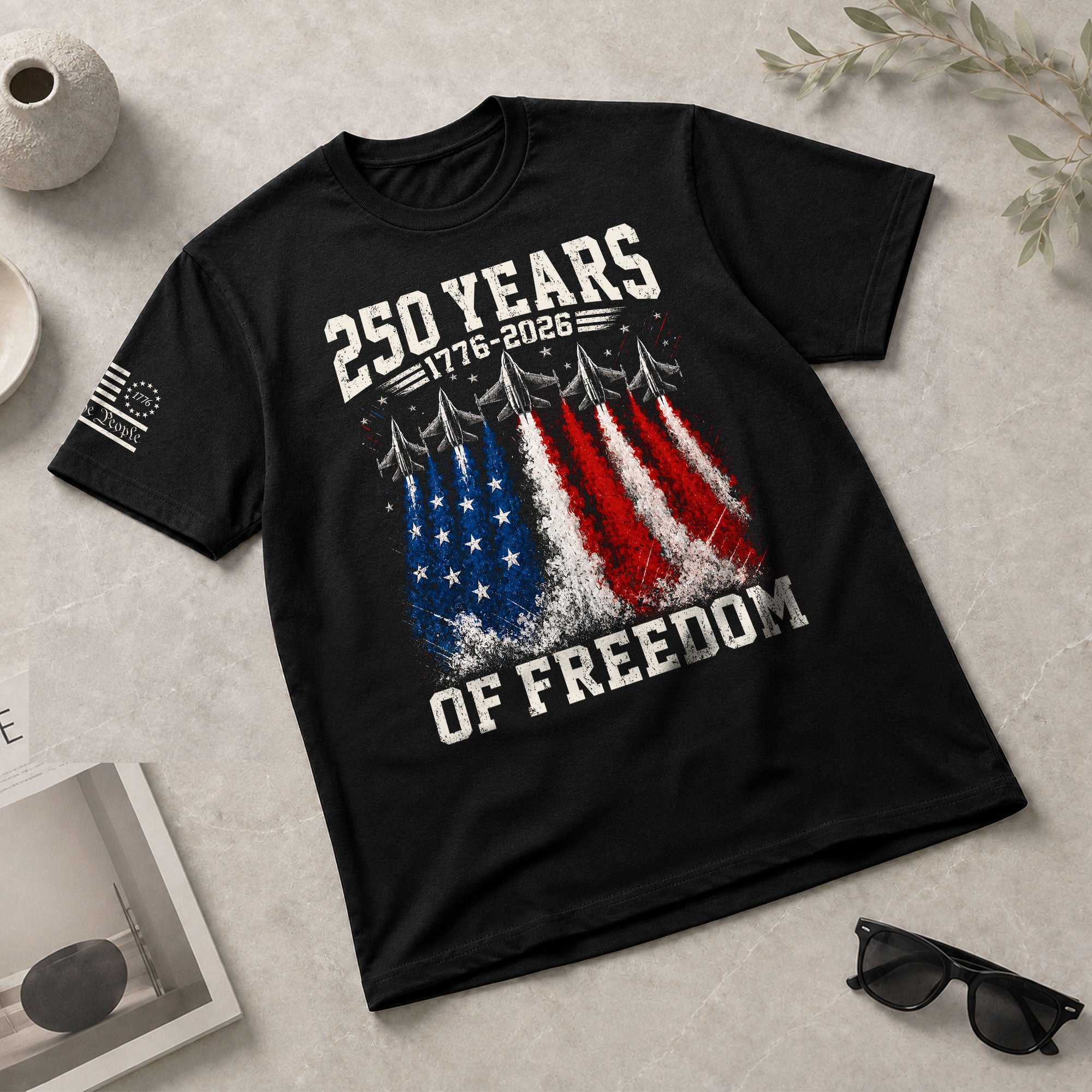 Commemorative 250 Years Freedom Tee - Vintage Fighter Jet Patriotic Cotton Shirt - Rust Field Wear