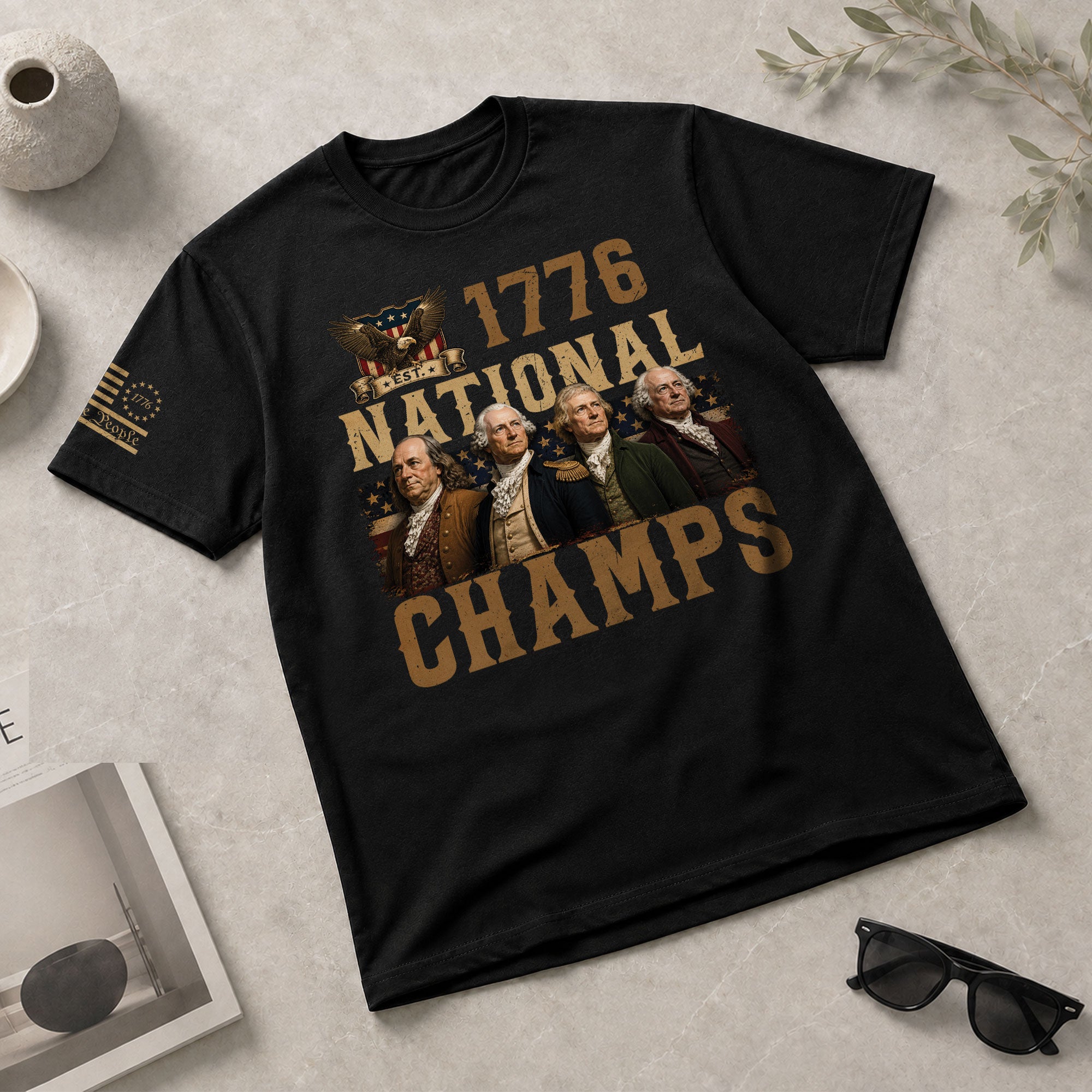 1776 National Champs Patriotic Graphic Tee Founding Fathers Vintage Style Short Sleeve T-Shirt - Rust Field Wear
