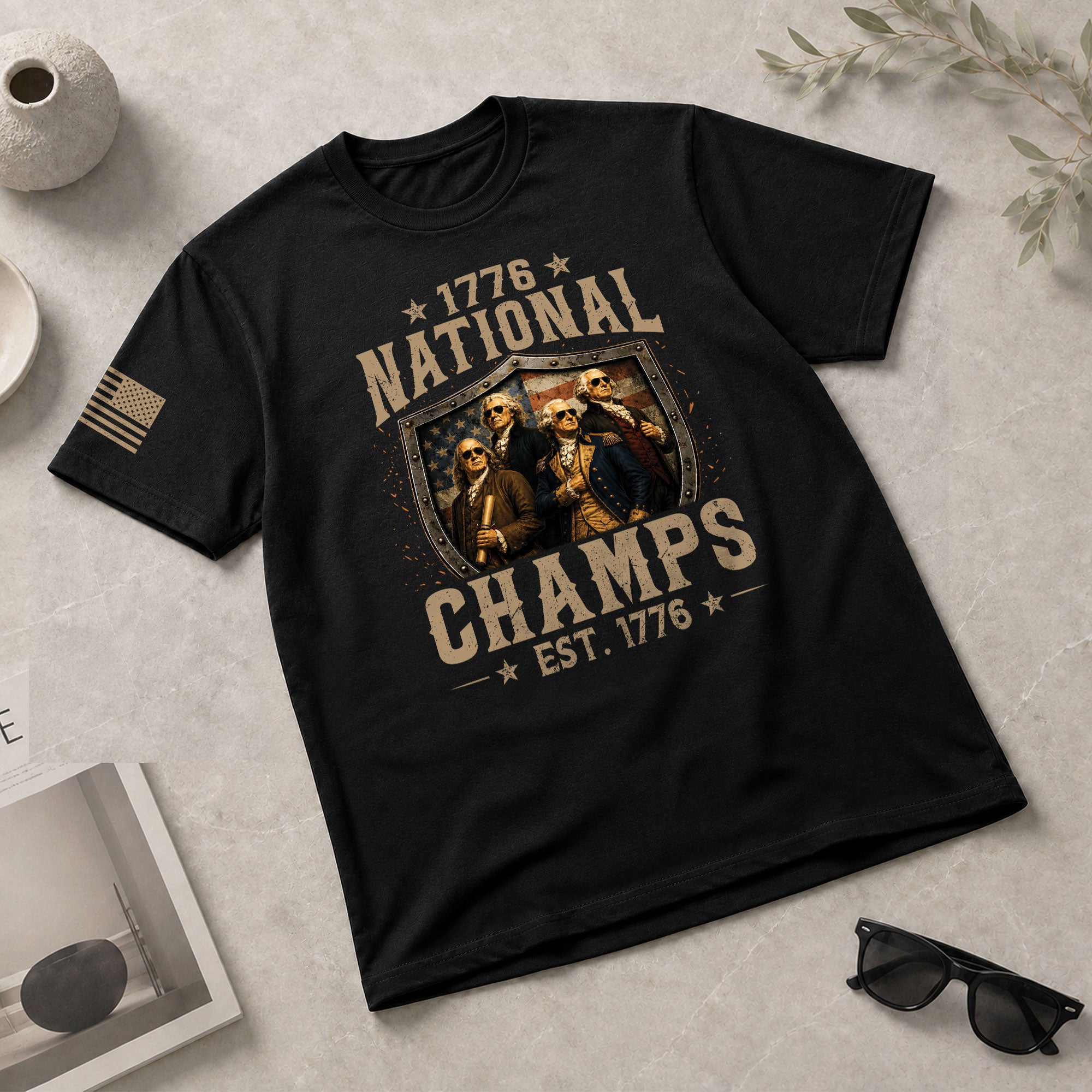 1776 National Champs Patriotic Shield Tee Founding Fathers Graphic Vintage Casual Apparel - Rust Field Wear