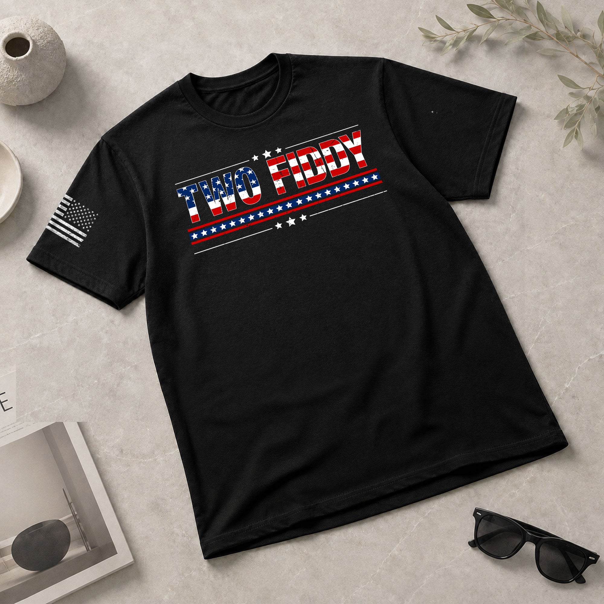 Two Fiddy Graphic T-Shirt Patriotic American Flag Design Casual Tee for Men and Women - Rust Field Wear
