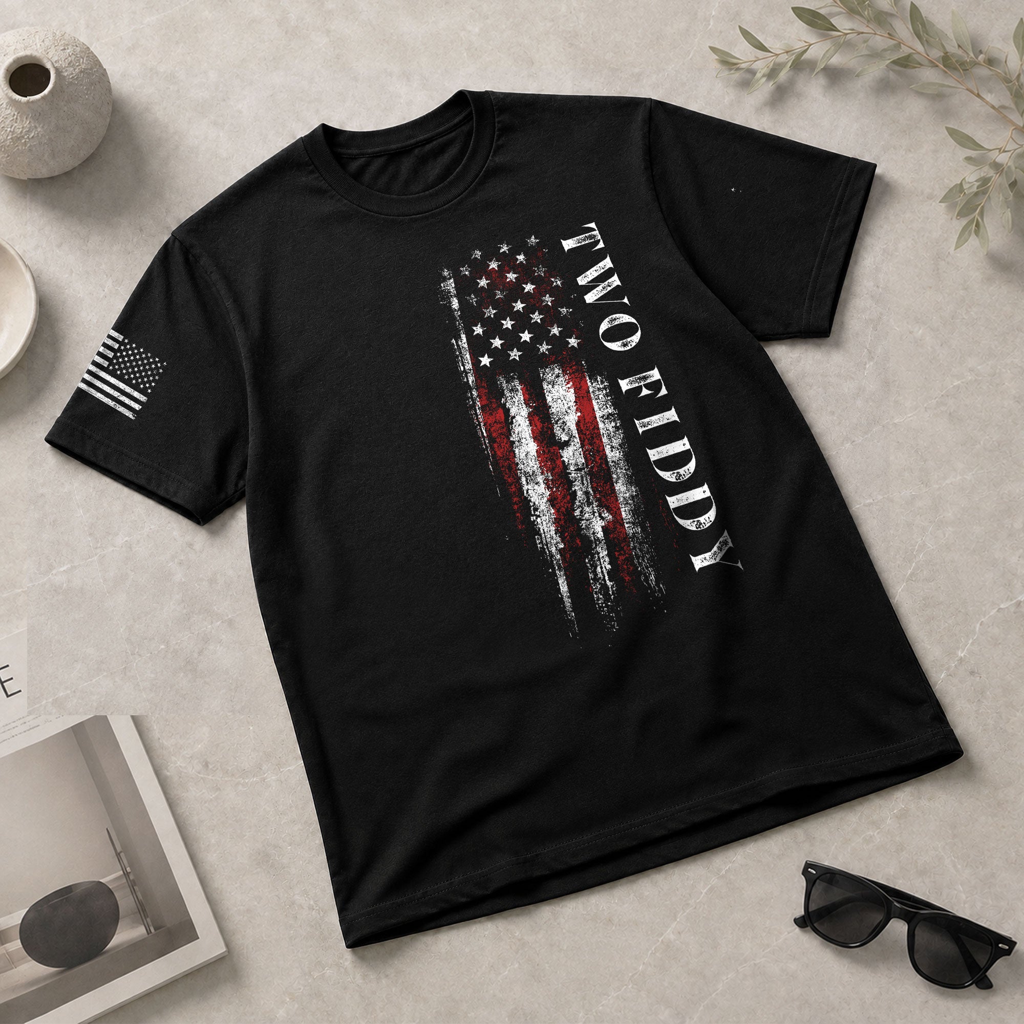 Two Fiddy Patriotic T-Shirt Distressed Vertical Flag Graphic Casual Apparel for Everyone - Rust Field Wear