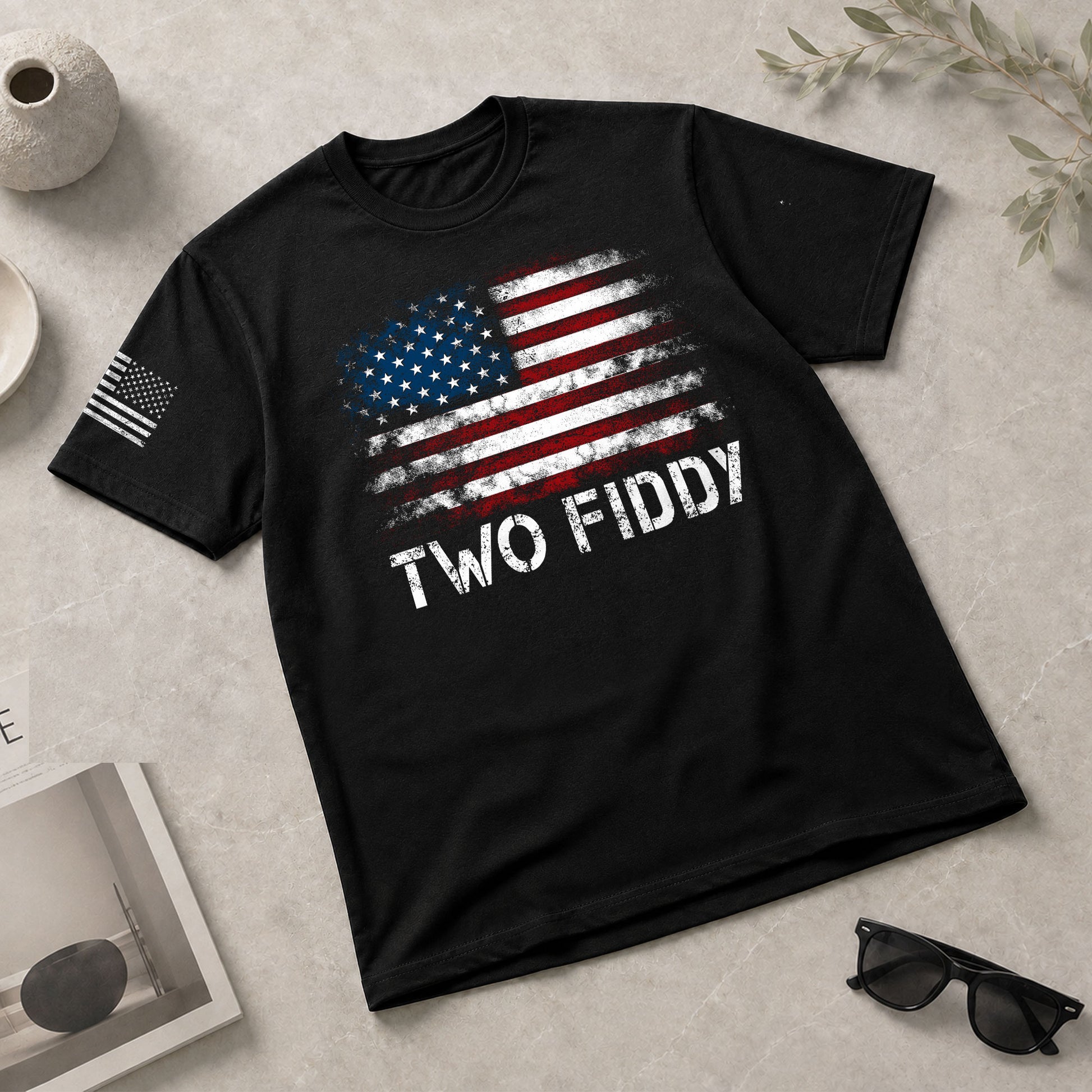 Two Fiddy Distressed Flag Graphic Tee Unisex Soft Cotton Patriotic Short Sleeve T-Shirt - Rust Field Wear