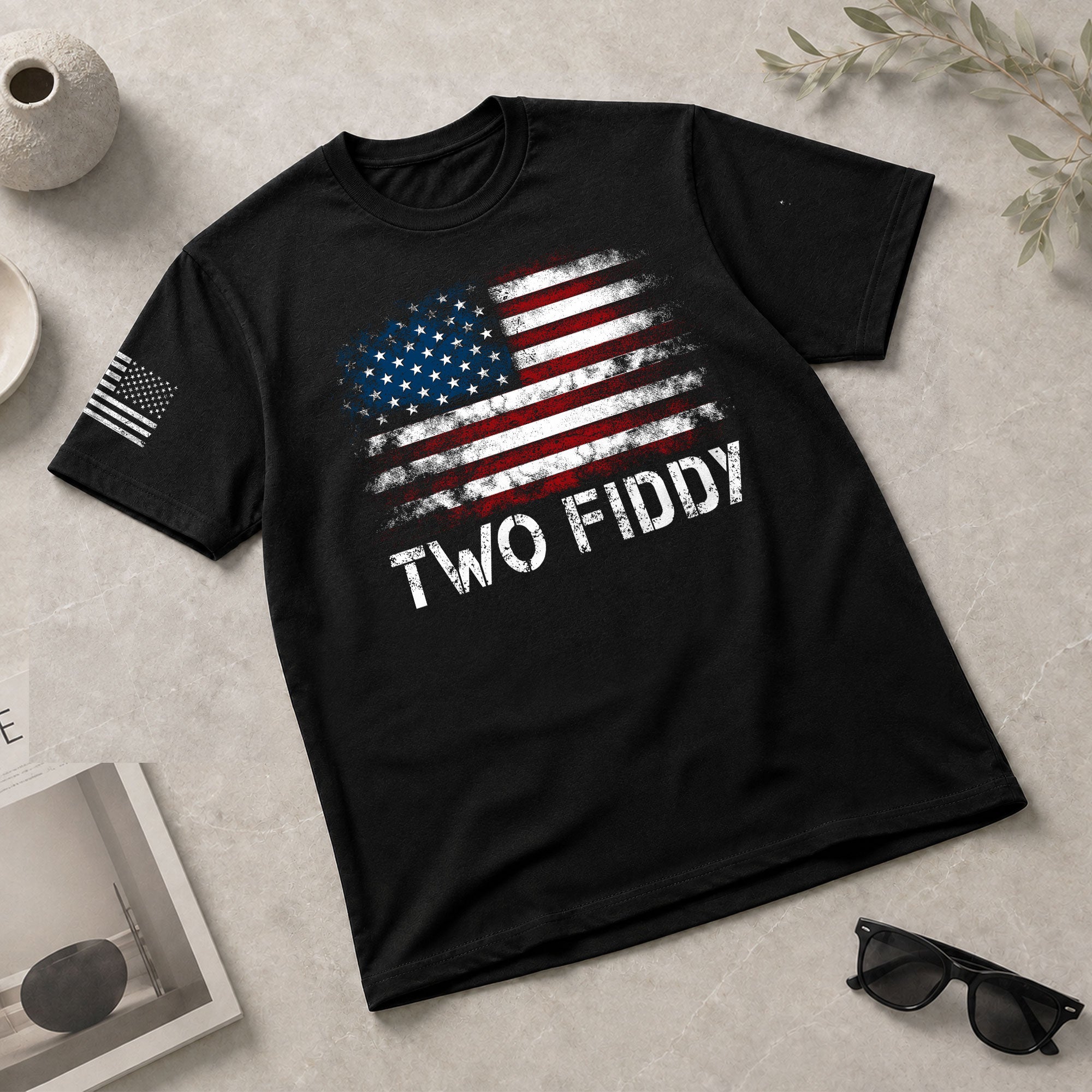 Two Fiddy Distressed Flag Graphic Tee Unisex Soft Cotton Patriotic Short Sleeve T-Shirt - Rust Field Wear