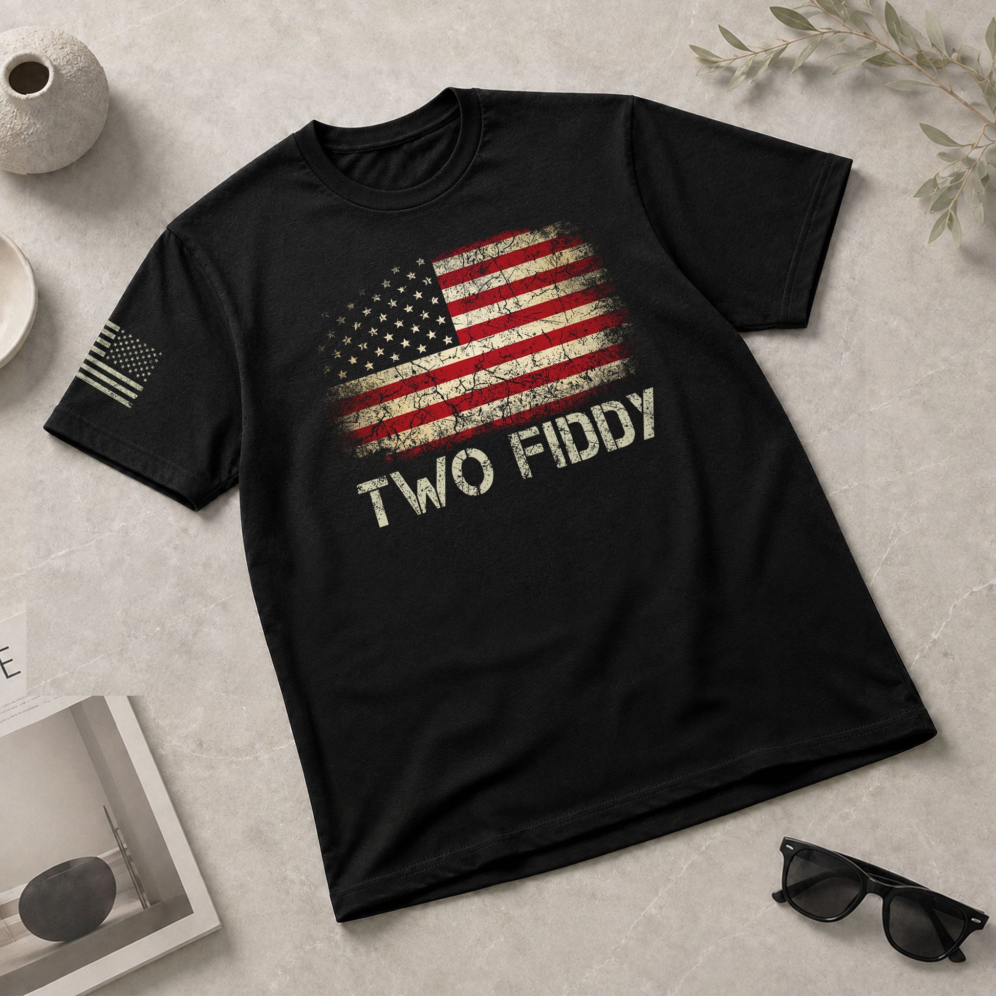 Two Fiddy Graphic T-Shirt Distressed American Flag Print Casual Cotton Short Sleeve Tee - Rust Field Wear