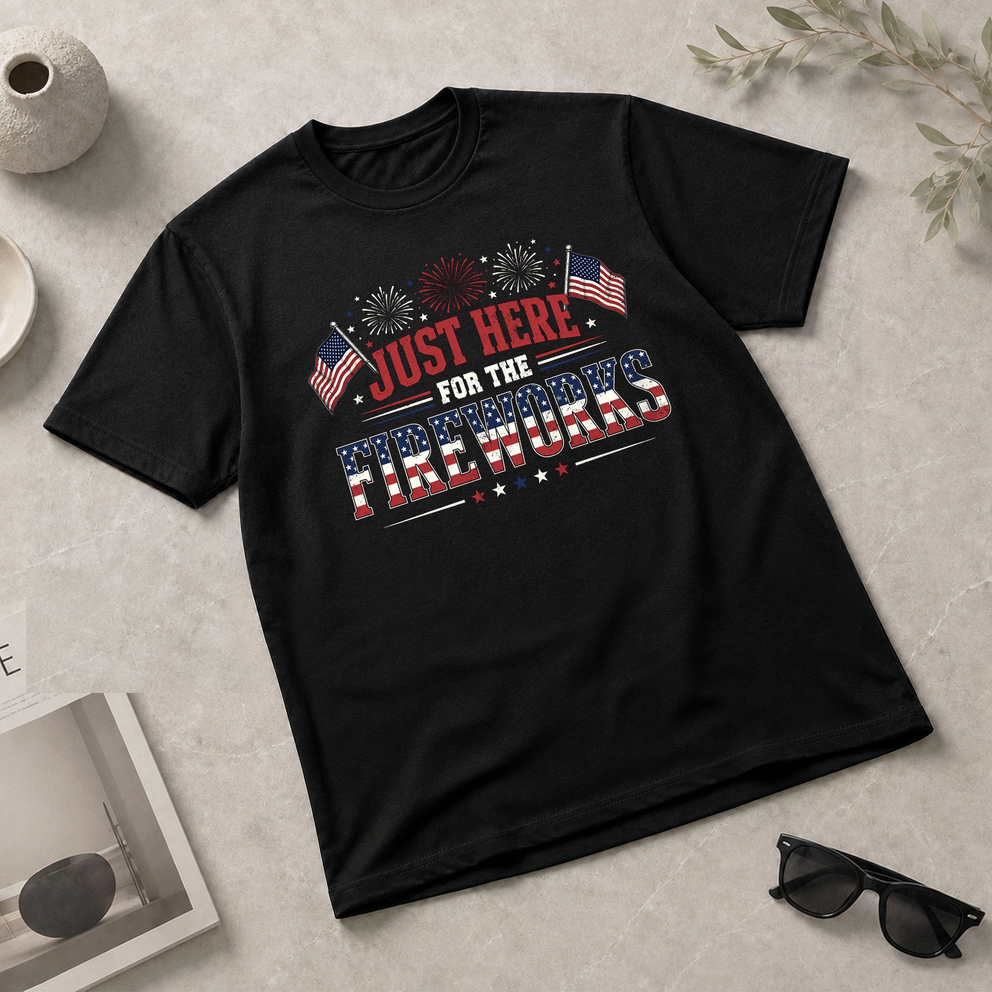 Just Here for The Fireworks Shirt 4th of July Patriotic American Flag Tee Men Women - Rust Field Wear
