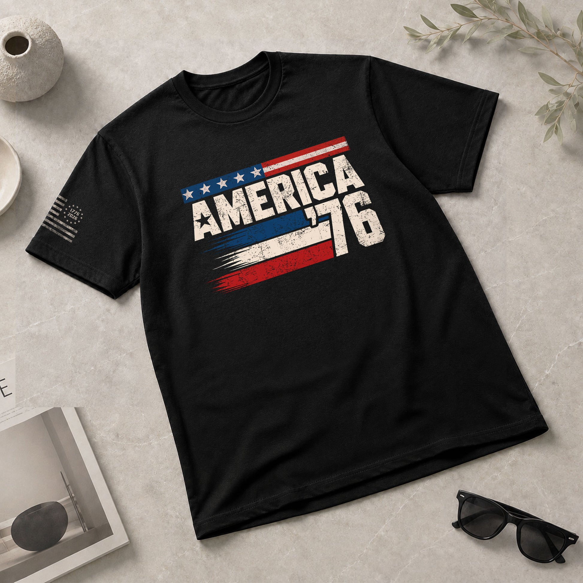 America '76 Graphic Tee Vintage Flag Design Patriotic Style Casual Mens Statement Shirt - Rust Field Wear