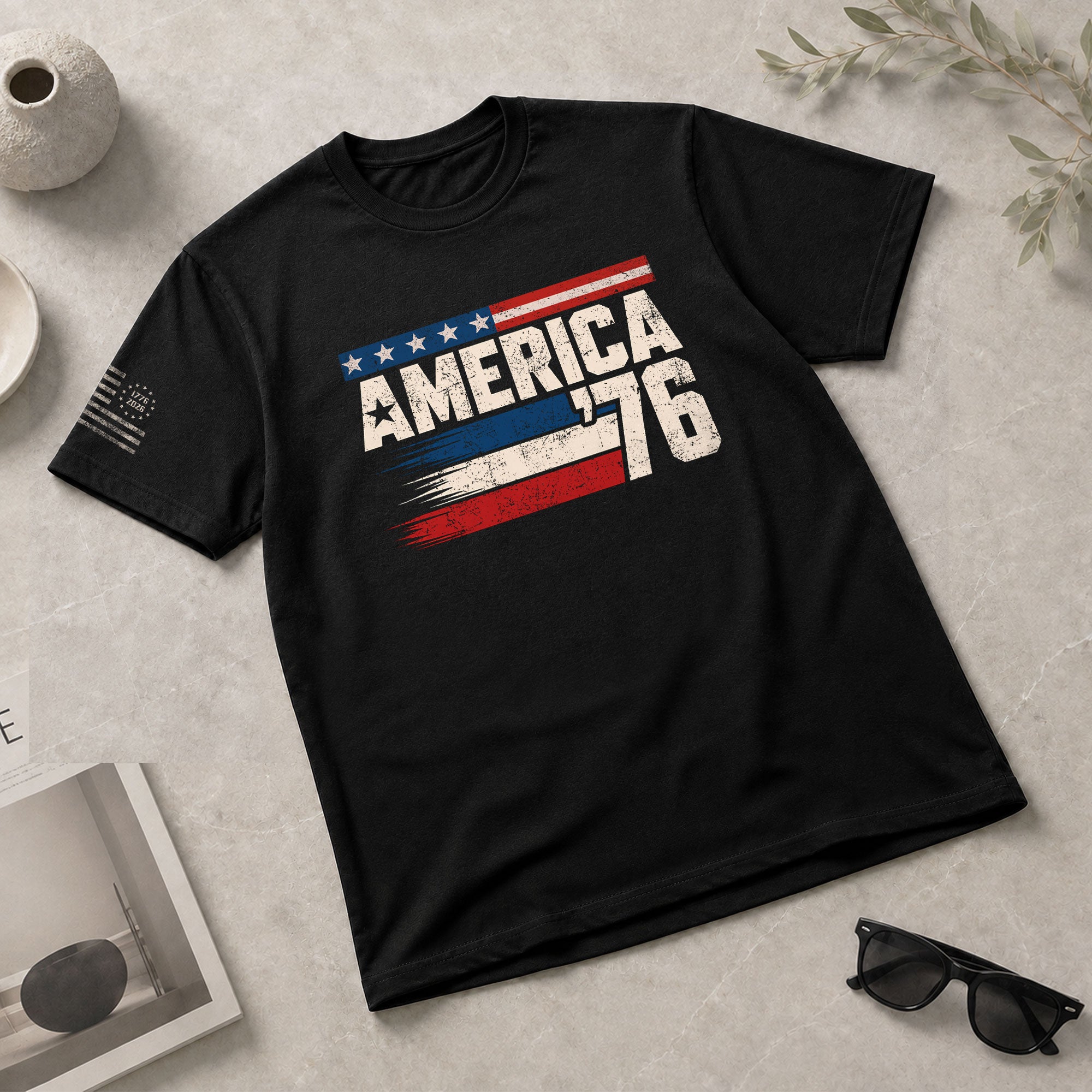 America '76 Graphic Tee Vintage Flag Design Patriotic Style Casual Mens Statement Shirt - Rust Field Wear