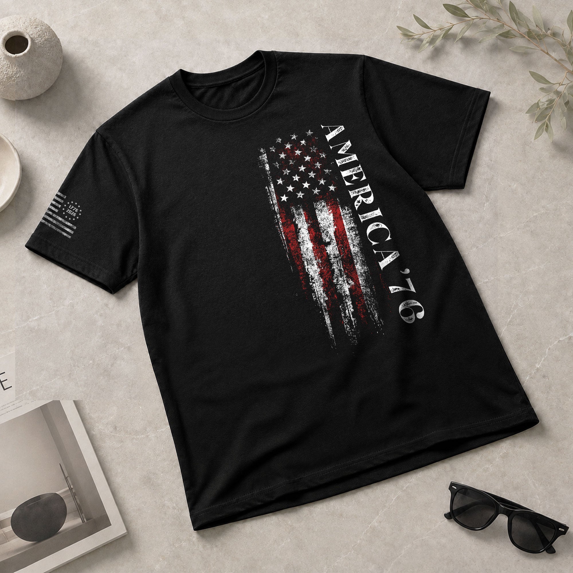 America '76 Graphic T Shirt Patriotic Vertical Flag Design Casual Mens Statement Shirt - Rust Field Wear