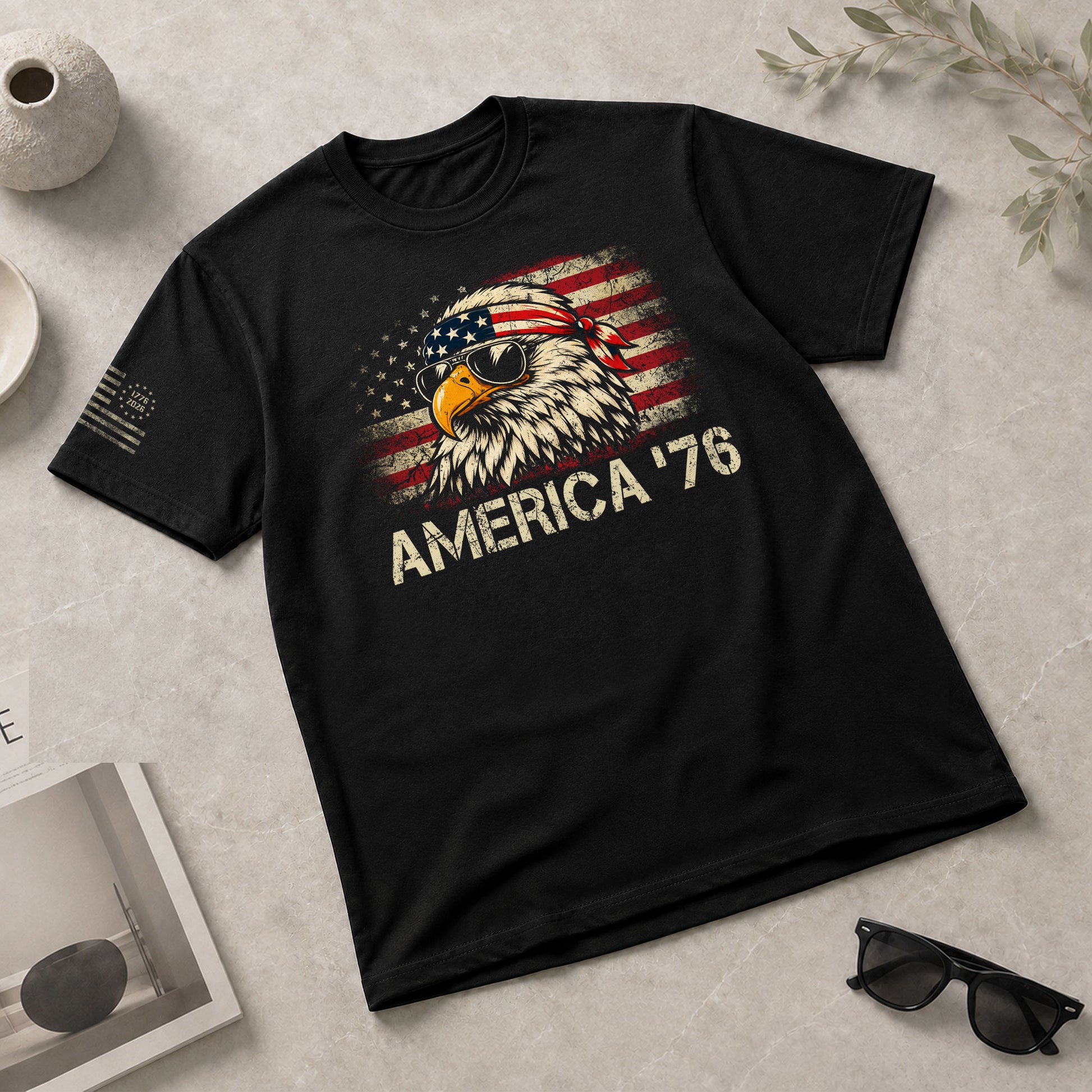 America '76 Eagle Tee Vintage Patriotic Flag Design Casual Mens Statement Shirt Top - Rust Field Wear