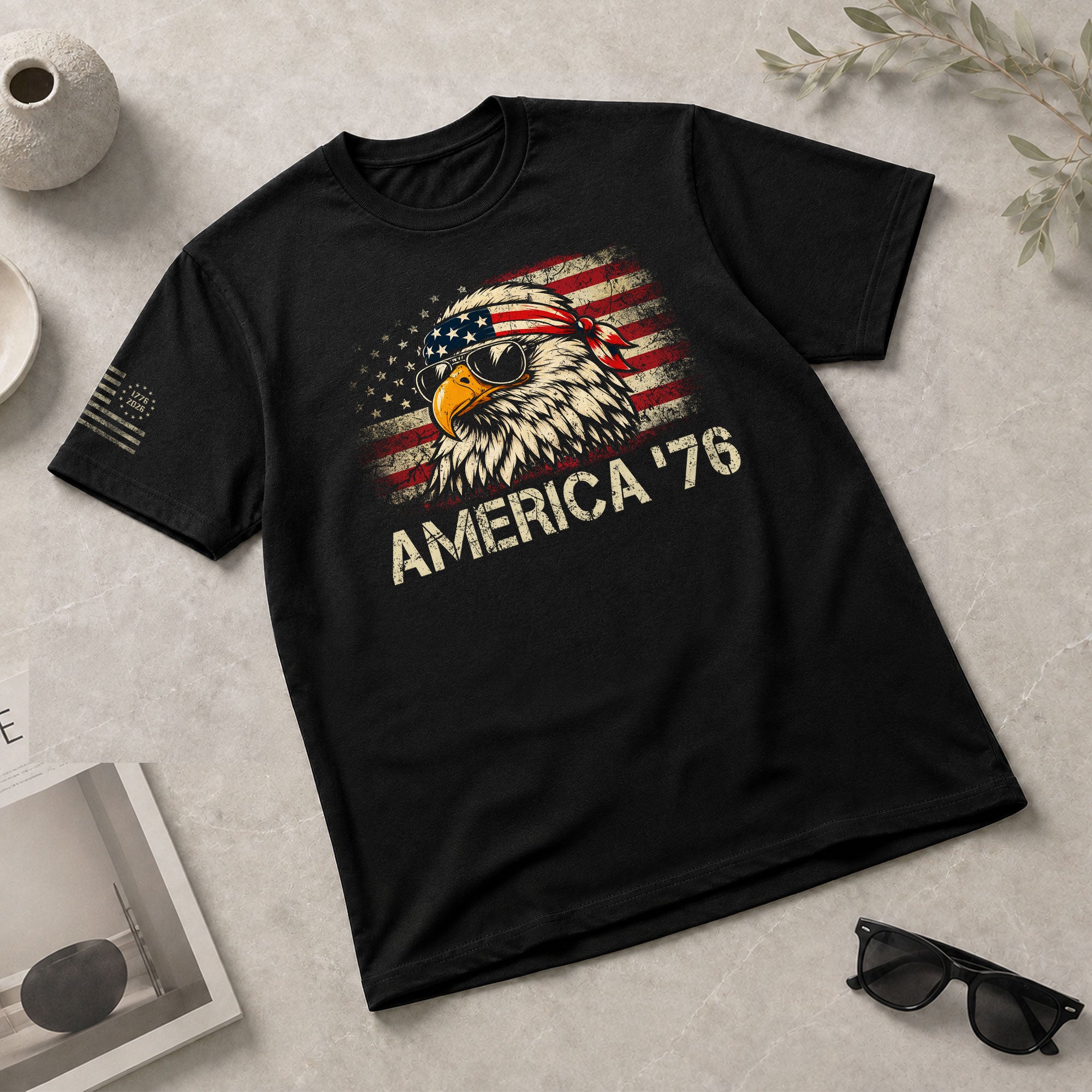 America '76 Eagle Tee Vintage Patriotic Flag Design Casual Mens Statement Shirt Top - Rust Field Wear