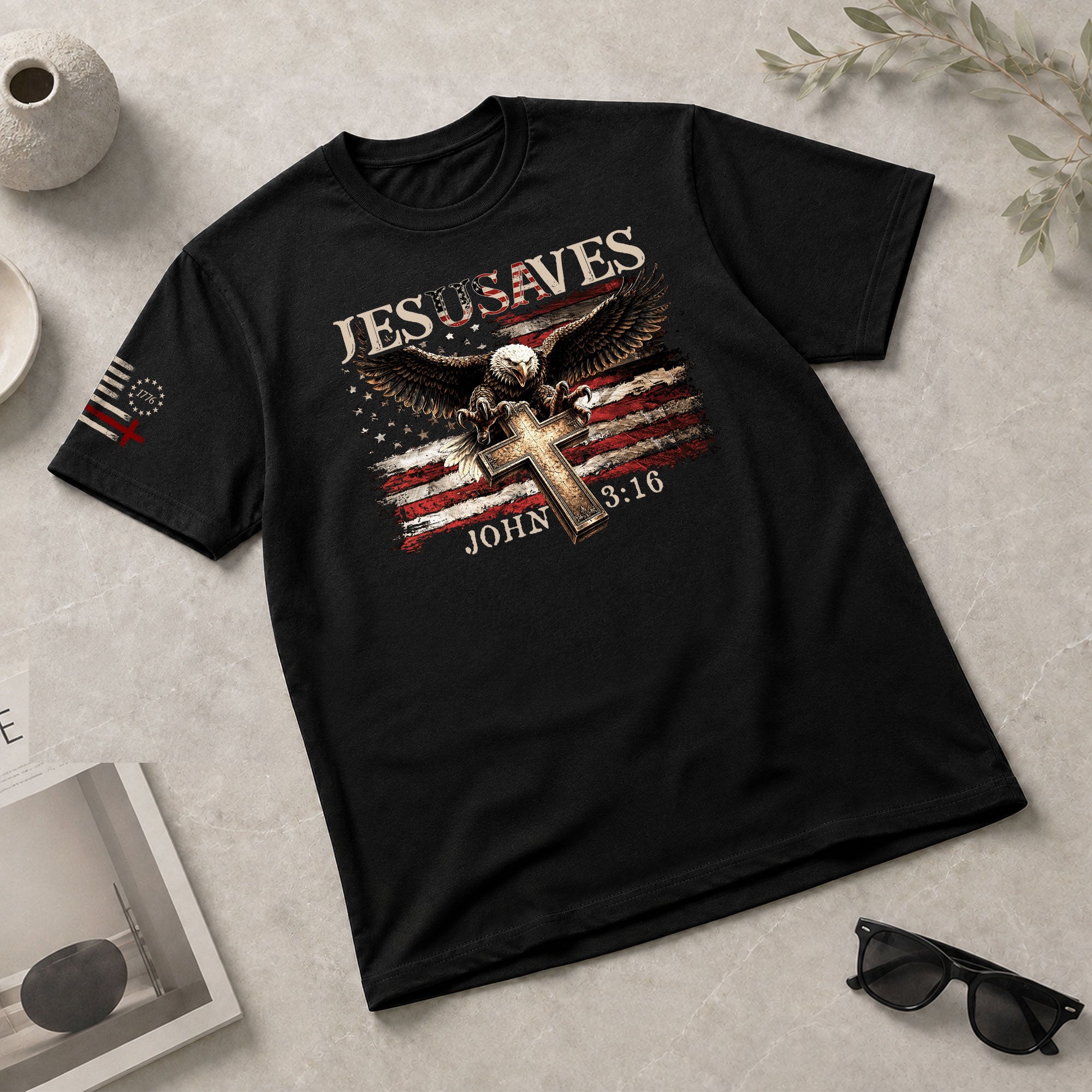 JESUSAVES T-Shirt Patriotic American Flag Bald Eagle Christian John 3:16 Religious Tee - Rust Field Wear