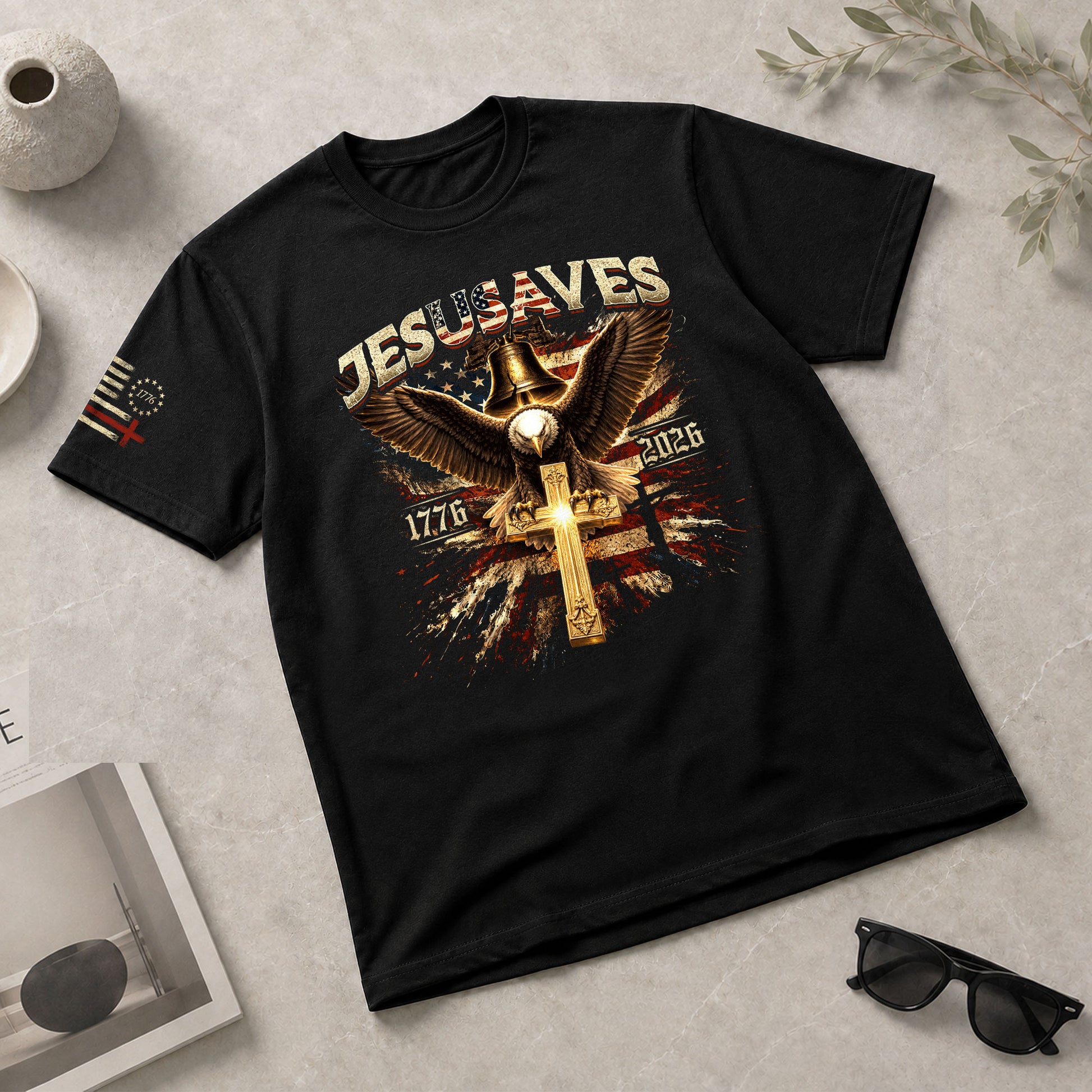 JESUSAVES T-Shirt Patriotic 1776 2026 Liberty Bell Bald Eagle Christian Cross Tee - Rust Field Wear