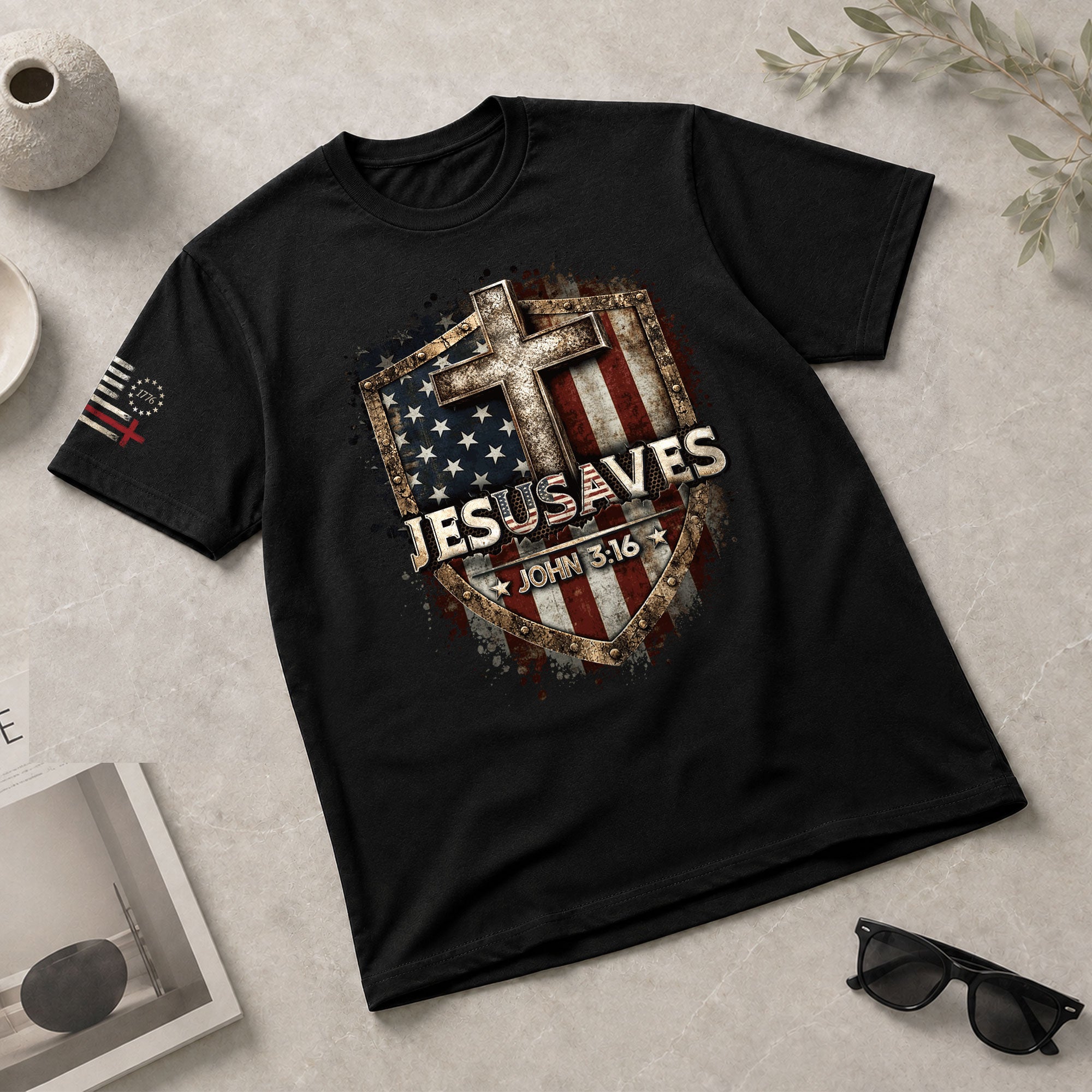 JESUSAVES T-Shirt Patriotic Shield Christian Cross American Flag John 3:16 Graphic Tee - Rust Field Wear