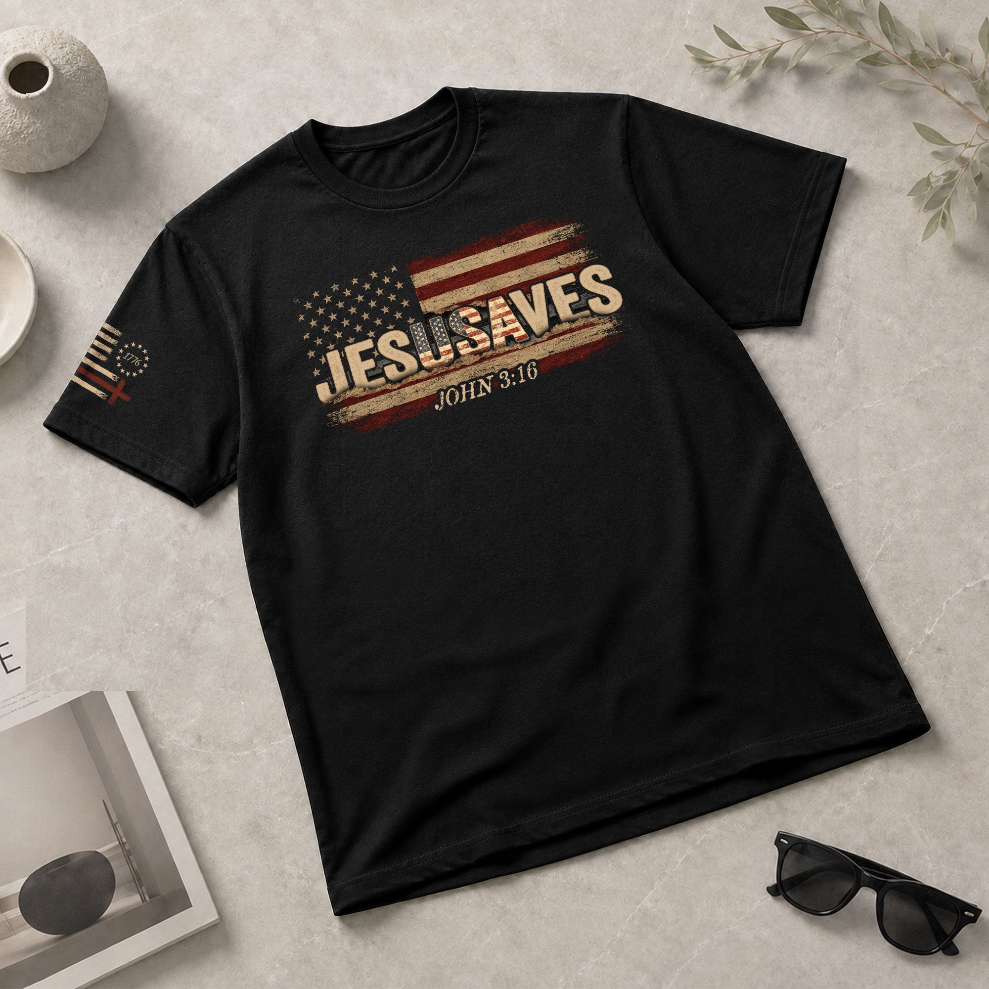 JESUSAVES T-Shirt John 3:16 Patriotic American Flag Distressed Christian Faith Tee - Rust Field Wear