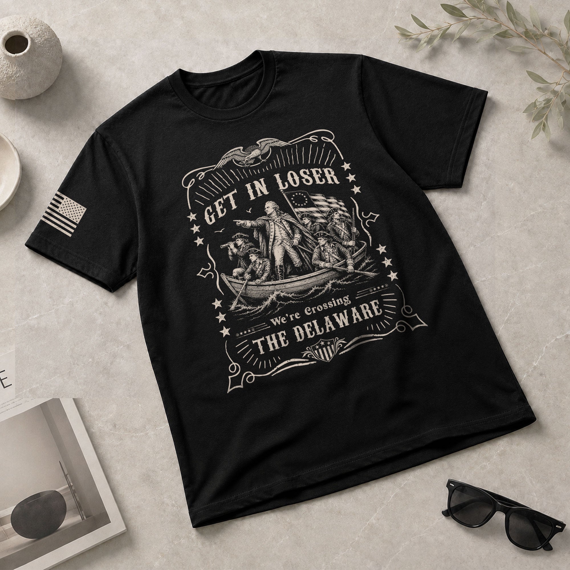 Get In Loser We're Crossing The Delaware T-Shirt George Washington Ornate Filigree Tee - Rust Field Wear