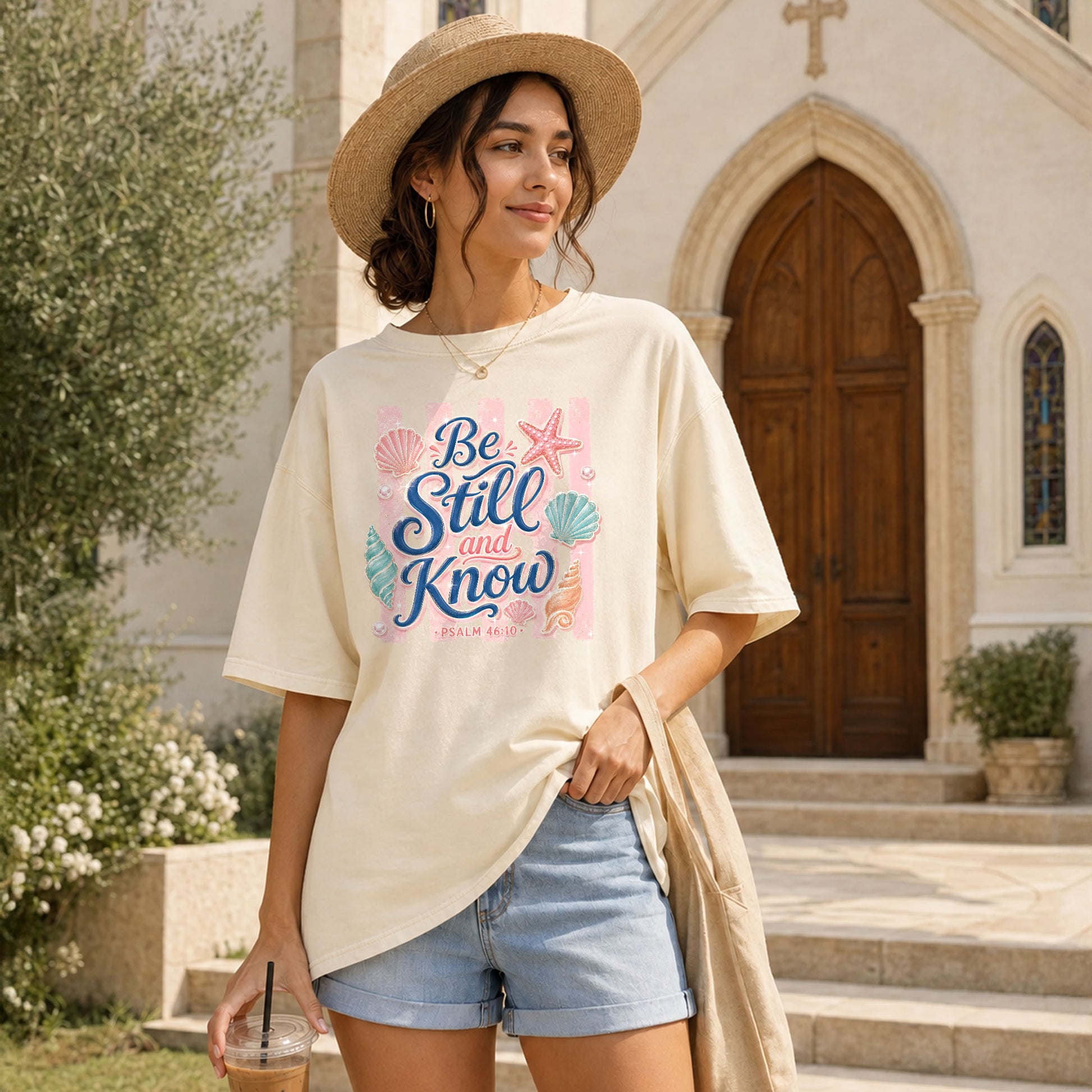 Be Still And Know Shirt Pink Stripes Beach Christian Psalm 46 10 Faith Graphic Tee - Rust Field Wear
