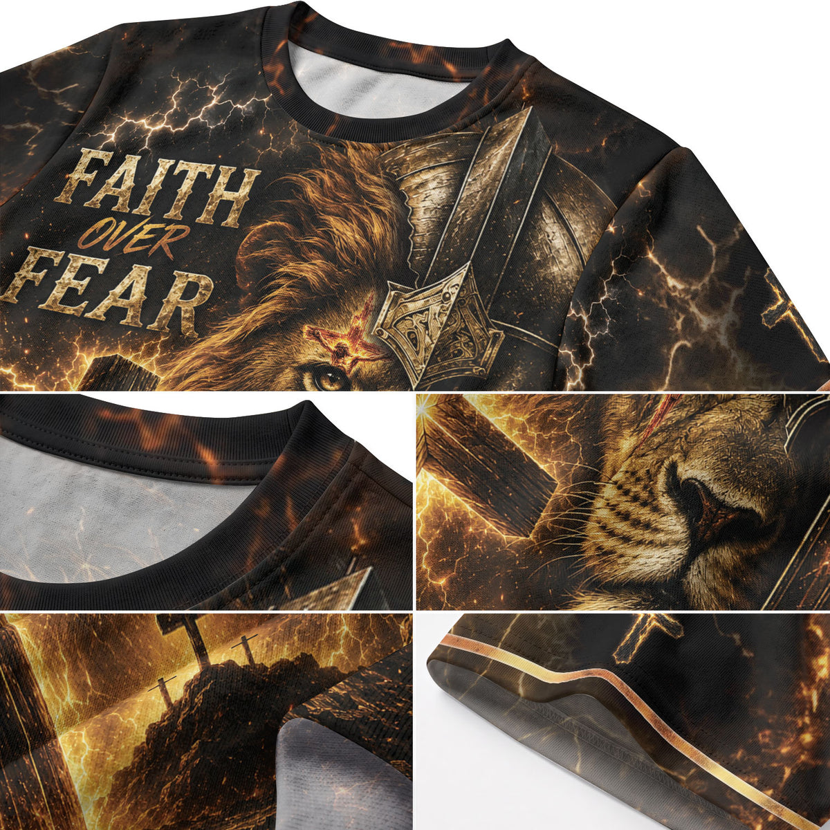 Faith Over Fear Lion Cross Warrior 3D Graphic Christian T Shirt Apparel Men Clothing - Rust Field Wear