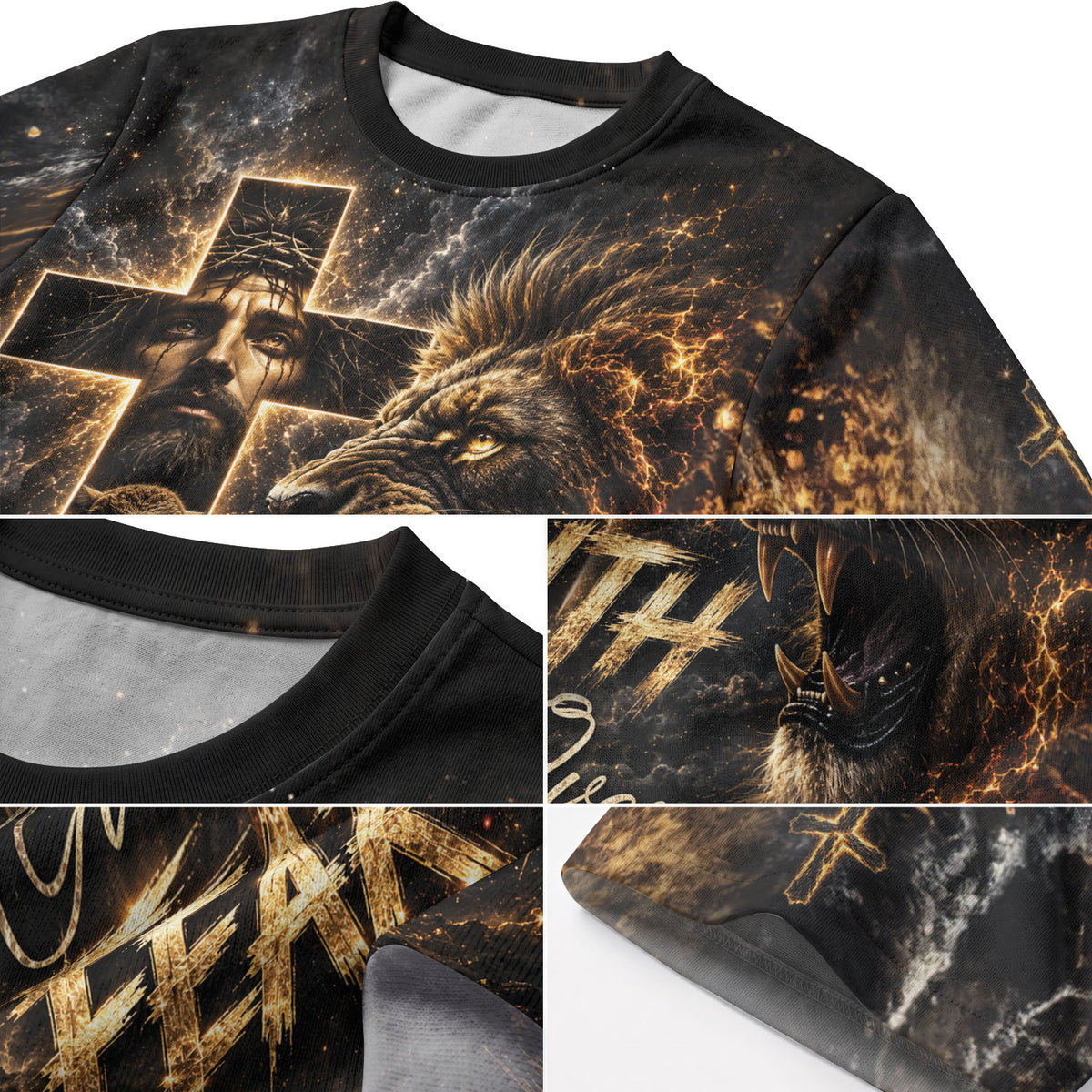 Faith Over Fear Jesus Lion Cross 3D Graphic Christian T Shirt Apparel Men Clothing - Rust Field Wear