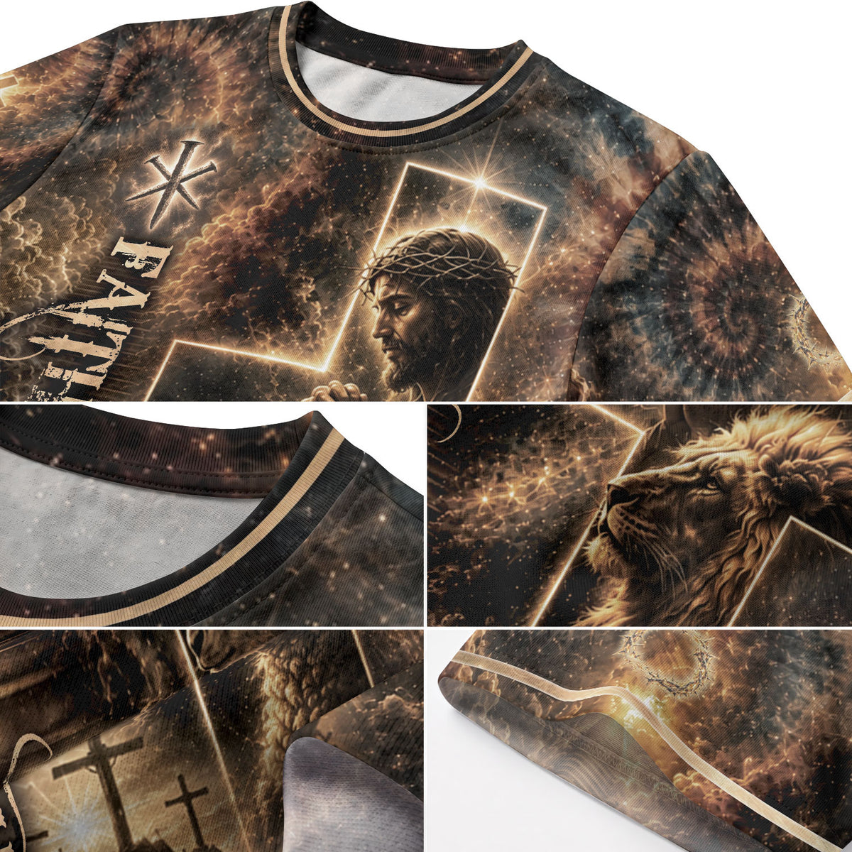 Jesus Lion Cross Faith Over Fear 3D Graphic Christian T Shirt Apparel Men Clothing - Rust Field Wear