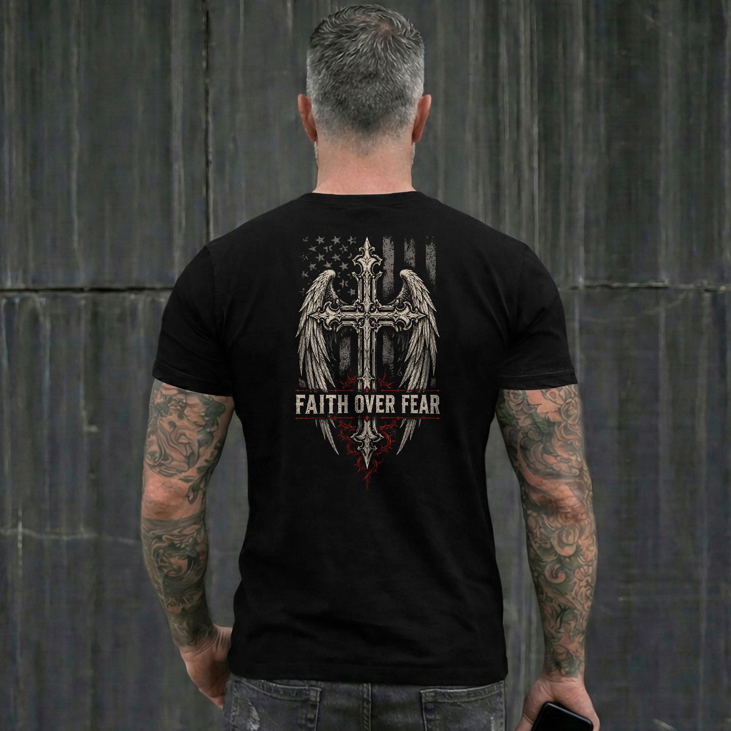 Faith Over Fear Shirt Men Wings Cross Christian T-Shirt Thorns Crown Religious Faith Tee