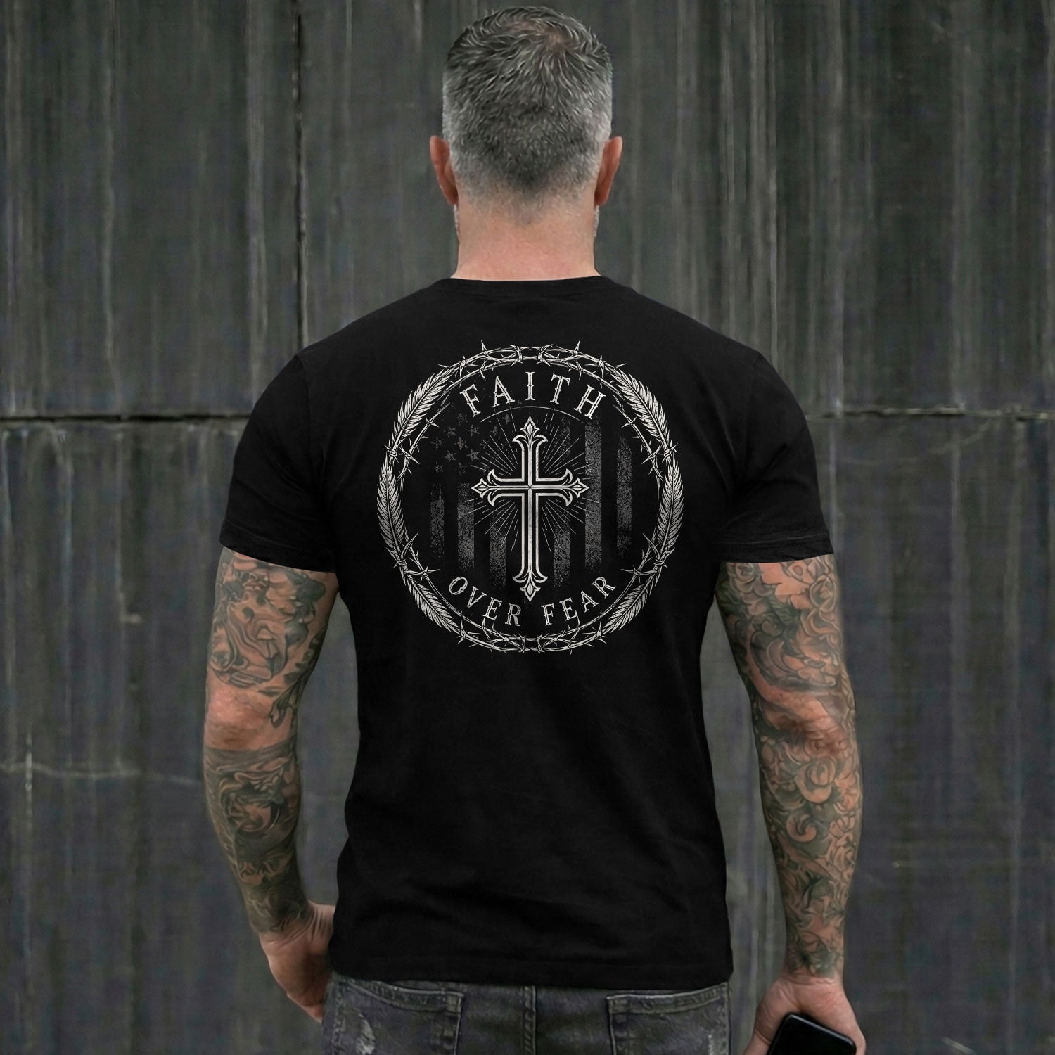 Faith Over Fear Shirt Men Christian T-Shirt Crown Thorns Cross Flag Graphic Religious Tee