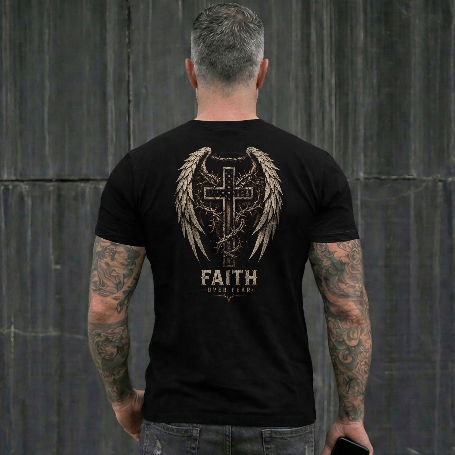 Faith Over Fear Shirt Men Christian T-Shirt Angel Wings Cross Thorns Religious Graphic Tee