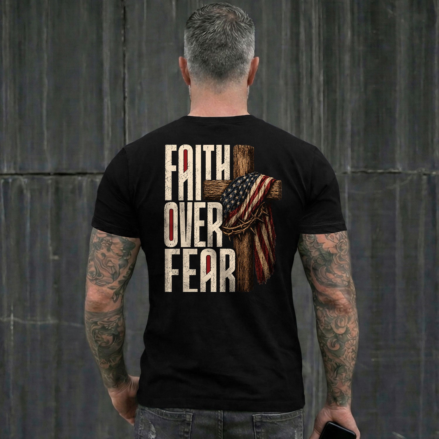 Faith Over Fear Christian Shirt Patriotic Cross American Flag Religious Graphic Tee - Rust Field Wear